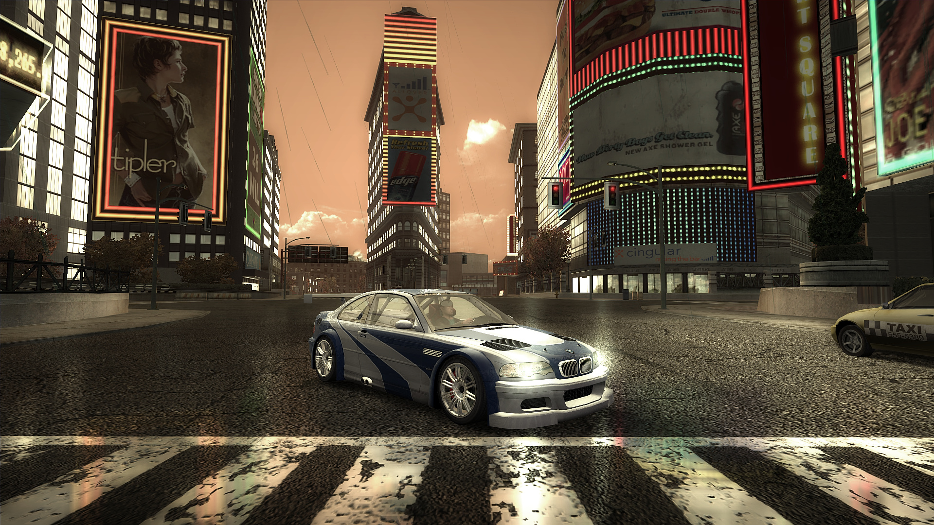 BMW M3 GTR E46, Downtown Rockport, yellow taxi cab, Full HD Desktop wallpaper
