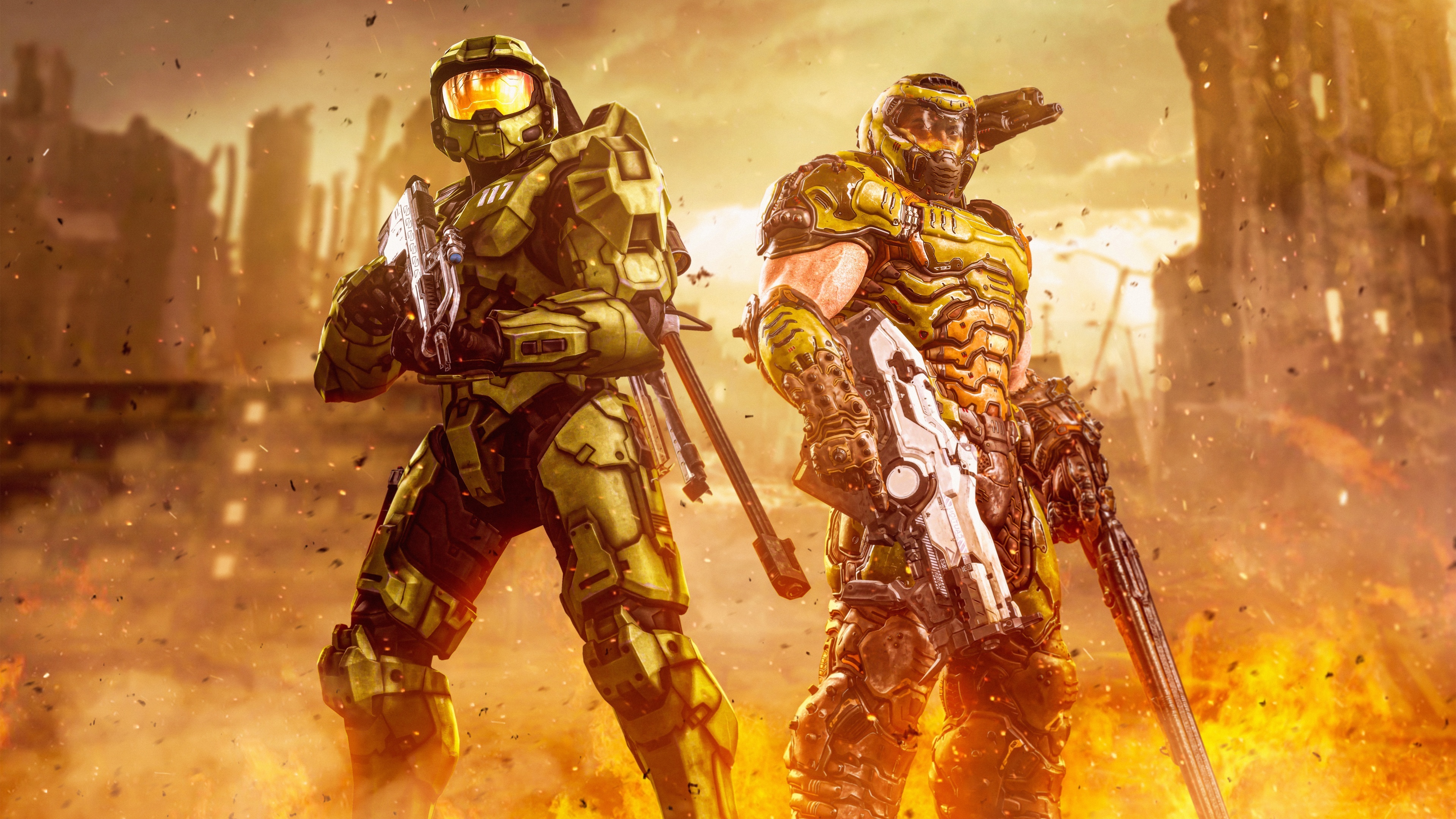 Doom Slayer, Master Chief John-117, burning apocalyptic battlefield, 4K Desktop wallpaper