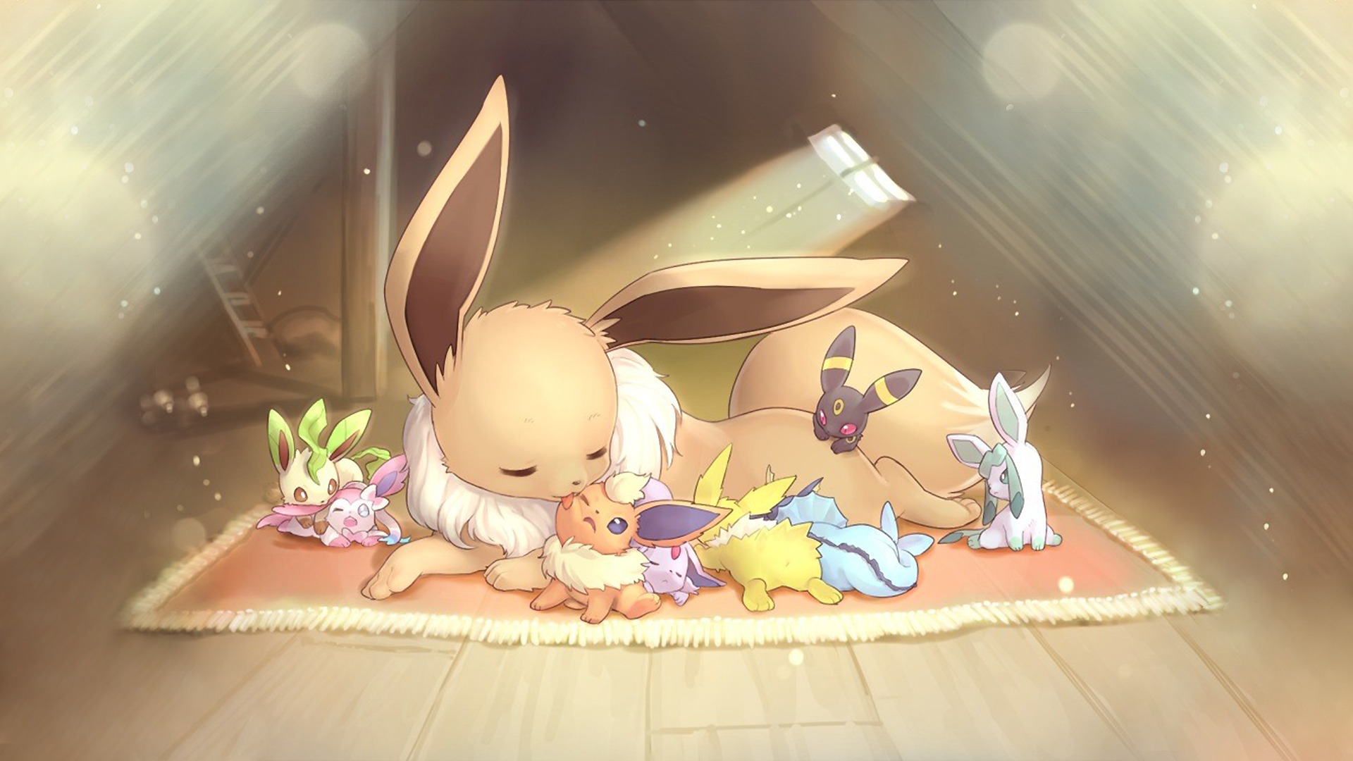 Eevee, Flareon, Vaporeon, Jolteon, Espeon, Umbreon, Leafeon, Glaceon, Sylveon, Sleeping on rug, Full HD Desktop wallpaper