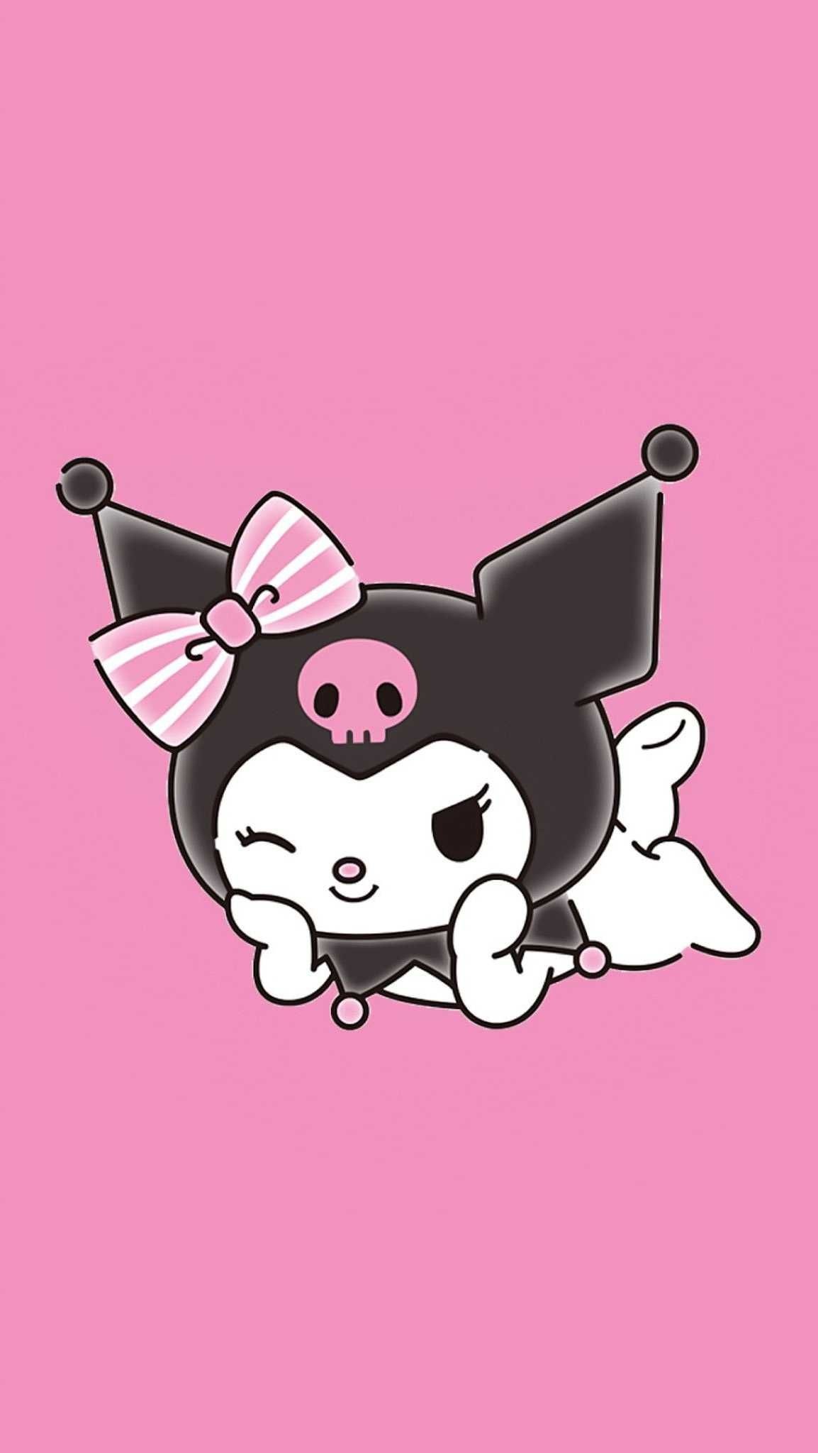 Kuromi, pink striped bow, black jester hat, HD Phone wallpaper