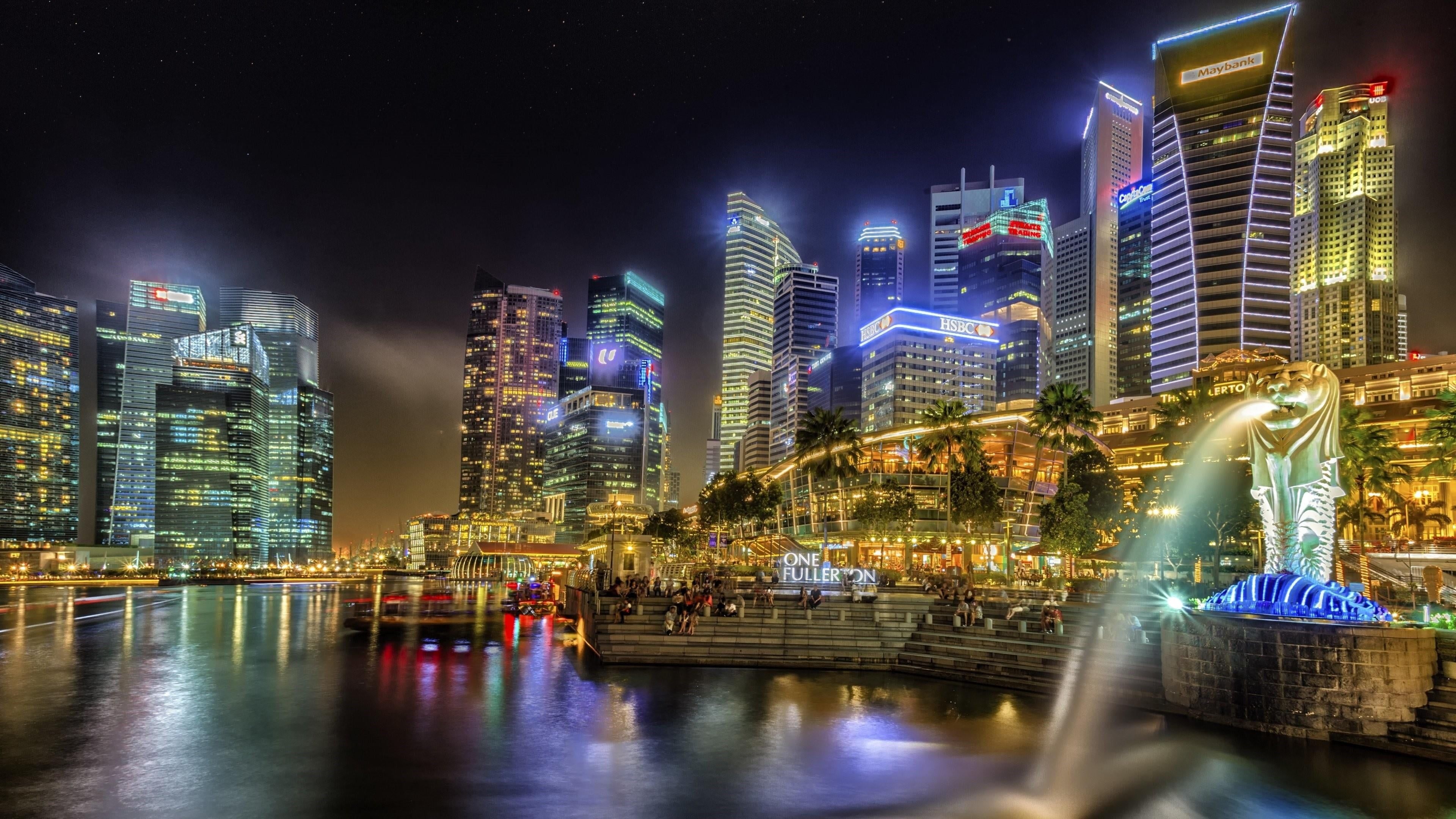 Singapore Merlion statue, Marina Bay waterfront, One Fullerton, 4K Desktop wallpaper