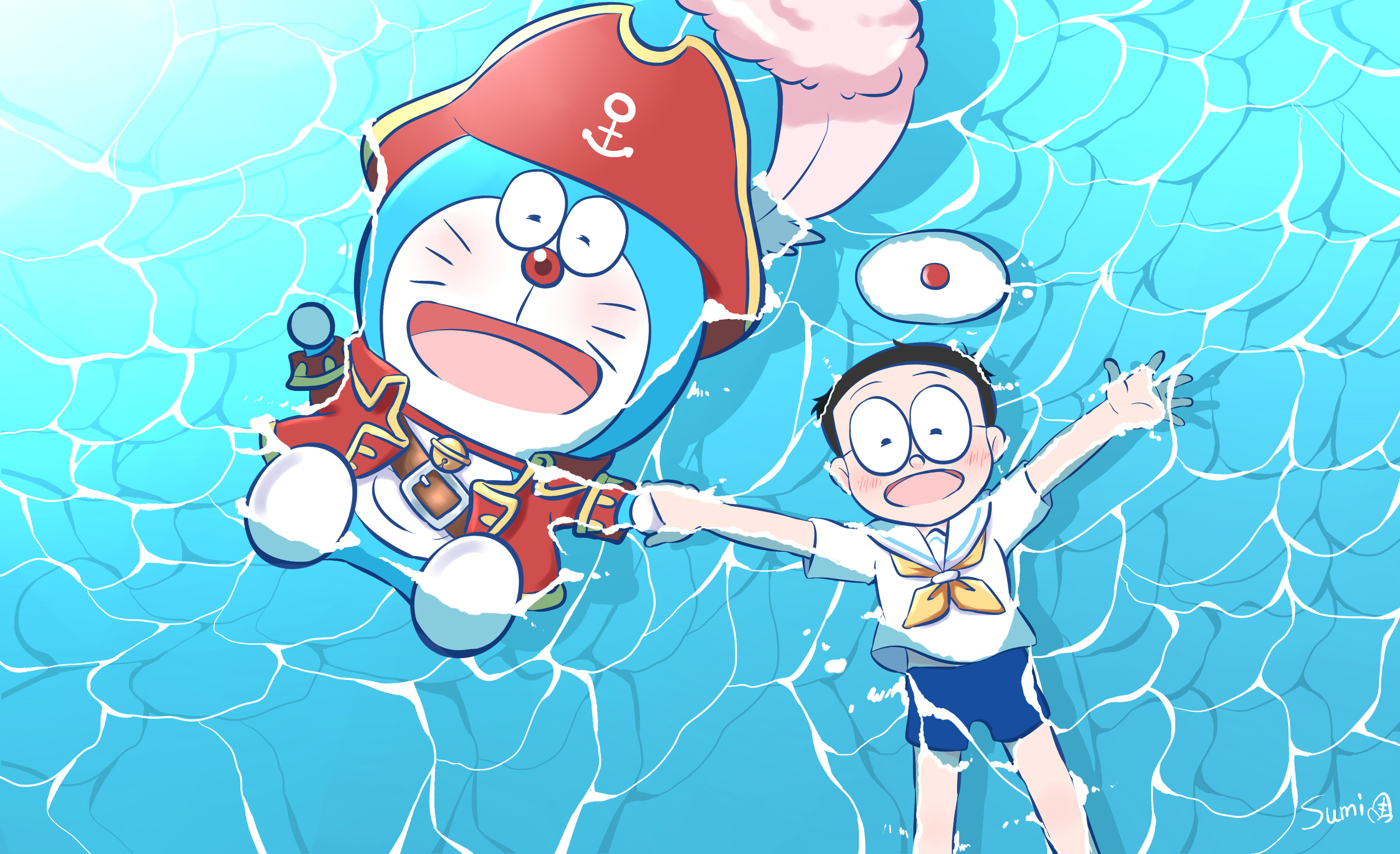 Pirate Doraemon, Nobita Nobi, sunlit rippling water, HD Desktop wallpaper