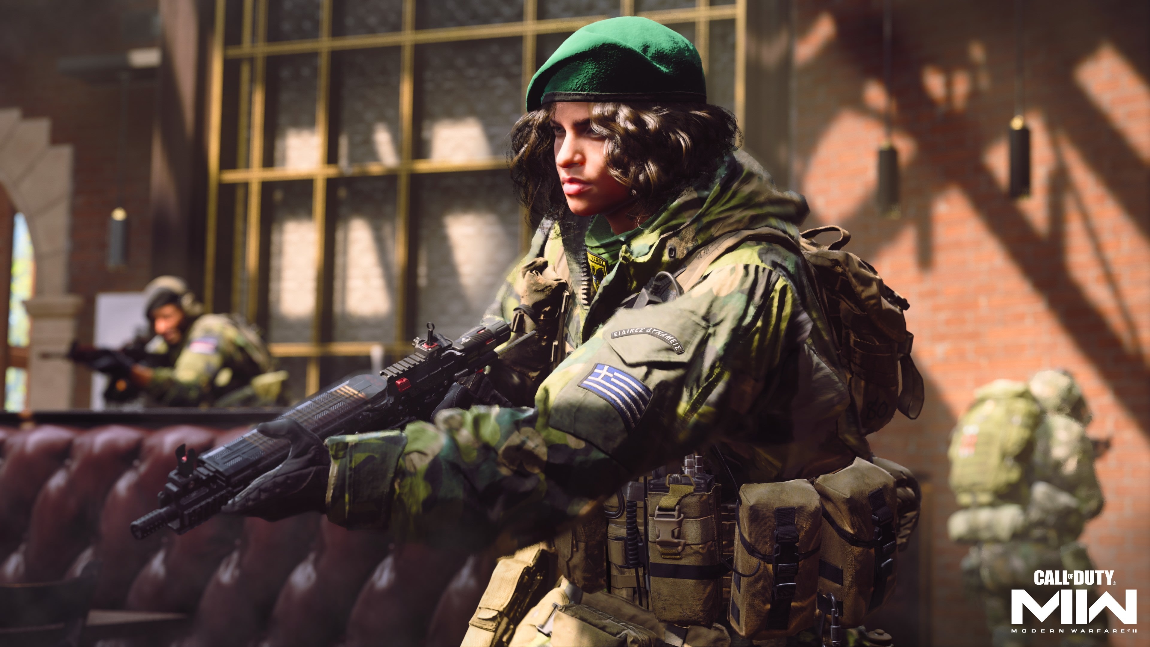 Kleo Gavras operator, Call of Duty: Modern Warfare II, Greek flag camouflage uniform, 4K Desktop wallpaper
