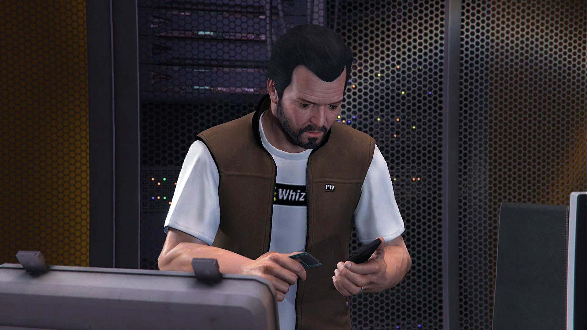 Michael De Santa with beard, Brown work vest uniform, Server room data racks, Grand Theft Auto V render, Full HD Desktop wallpaper