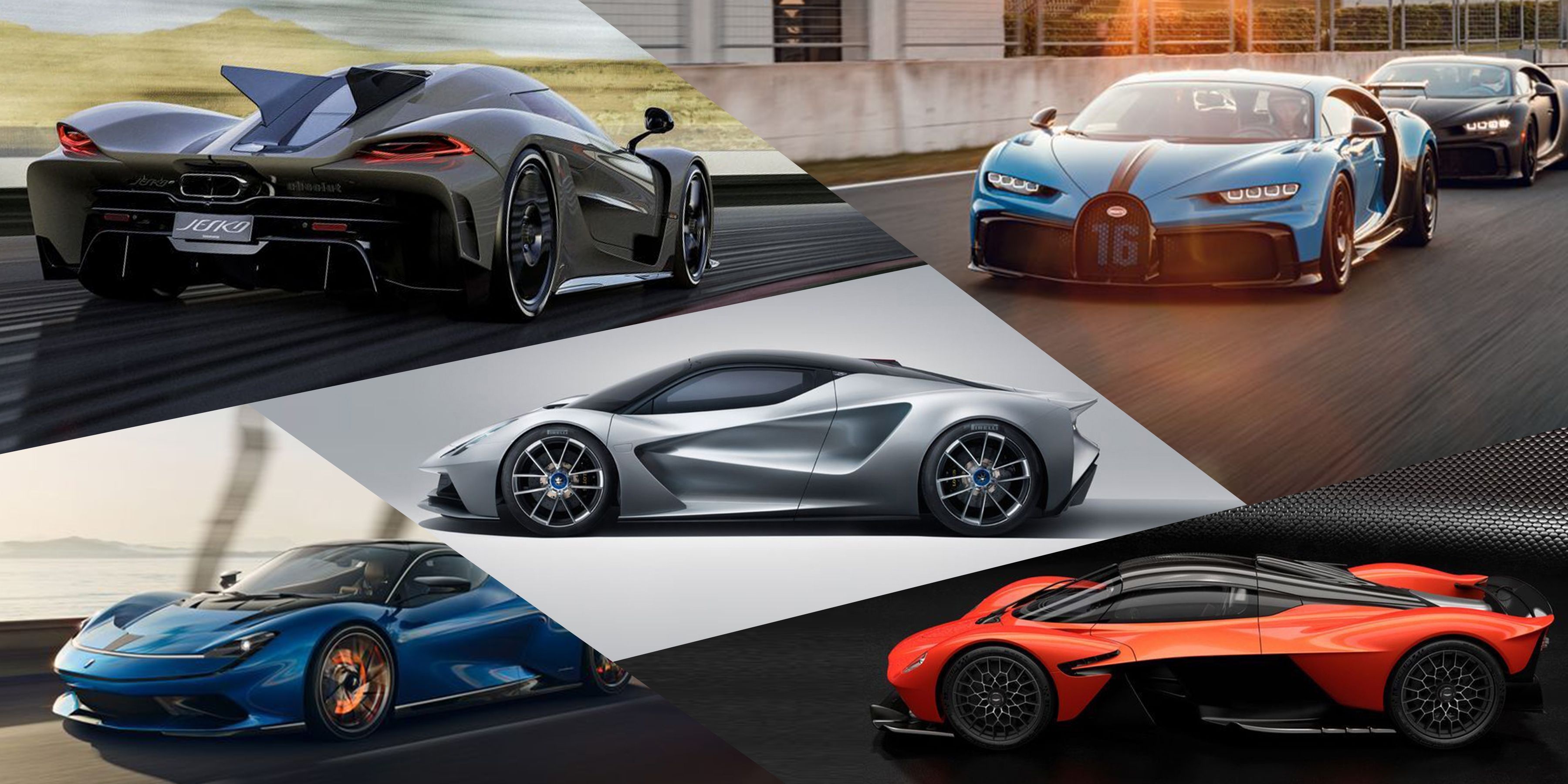 Koenigsegg Jesko Absolut, Bugatti Chiron Pur Sport, Lotus Evija, Pininfarina Battista, Aston Martin Valkyrie, Dual Screen Desktop wallpaper