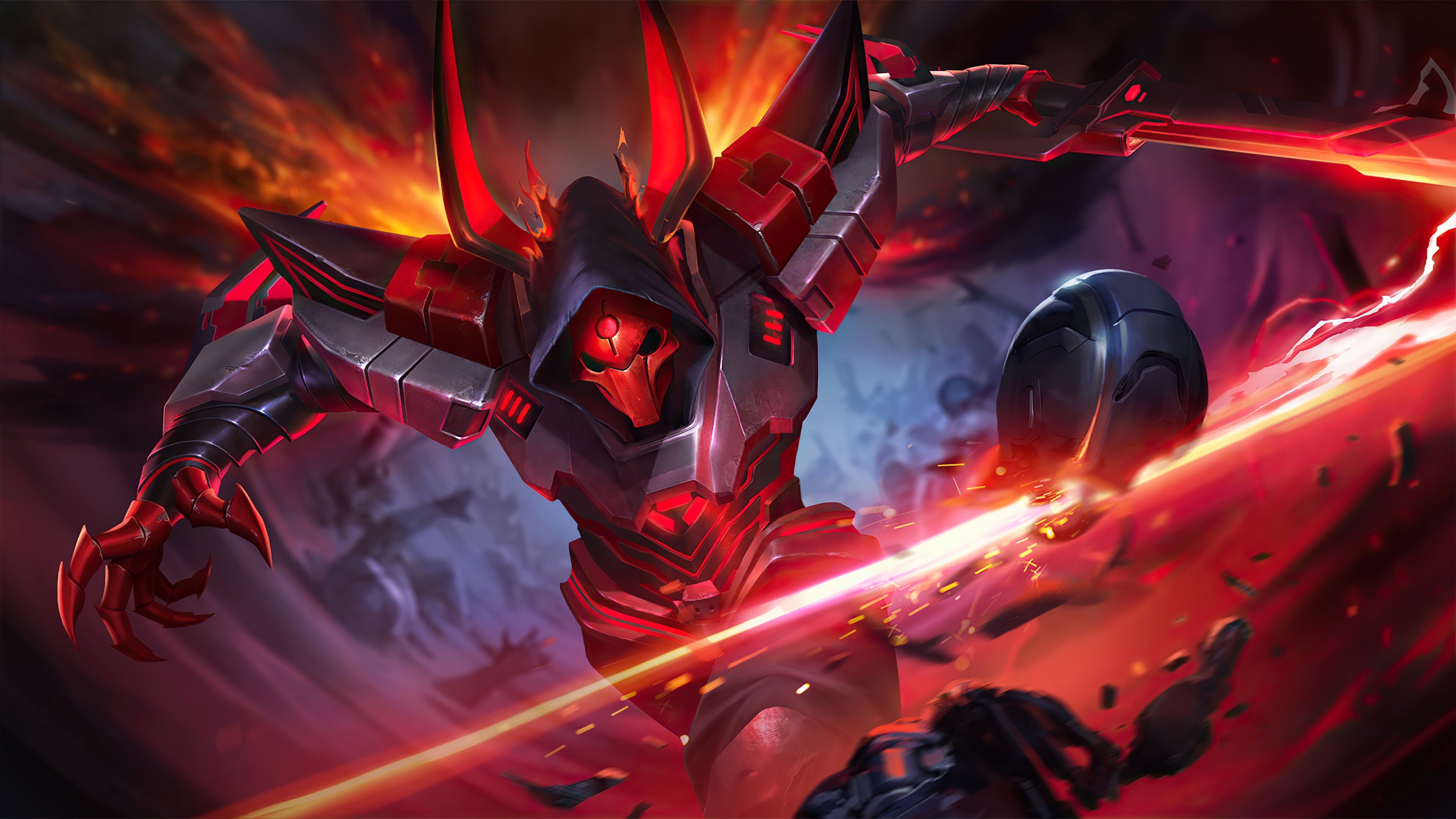 Alpha Crimson Warrior, Beta drone, glowing energy slash, 4K Desktop wallpaper