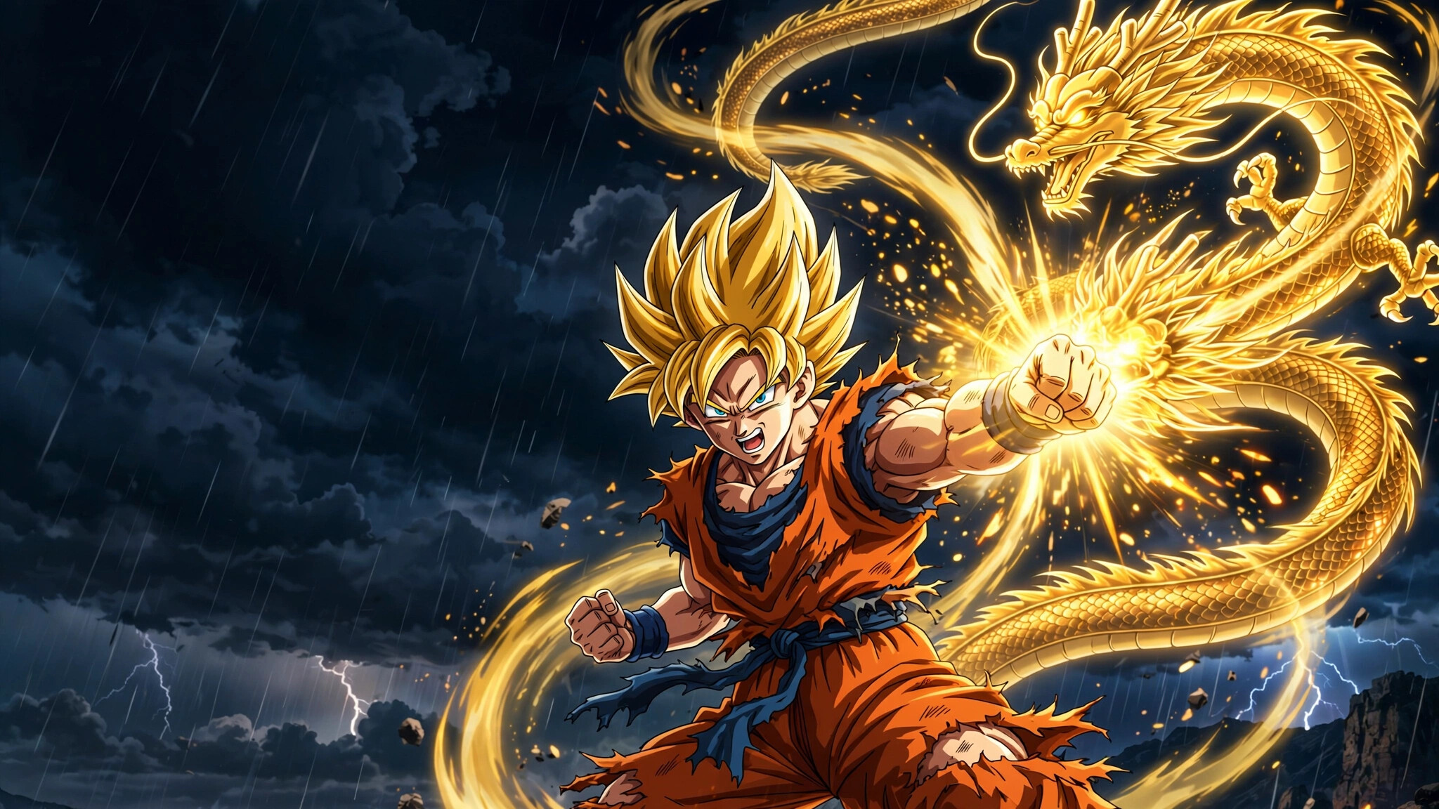 Goku, Dragon Fist, Super Saiyan, Golden energy dragon, Storm and rain, Dragon Ball GT, HD Desktop wallpaper