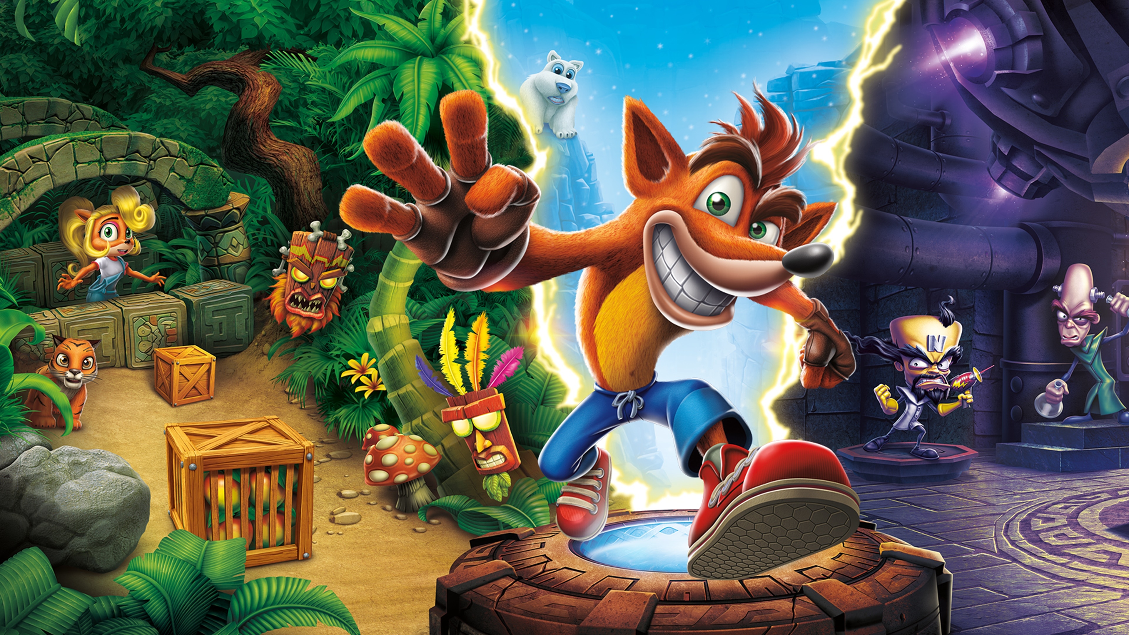 Crash Bandicoot, Doctor Neo Cortex, Coco Bandicoot, Aku Aku mask, Doctor Nitrus Brio, 4K Desktop wallpaper