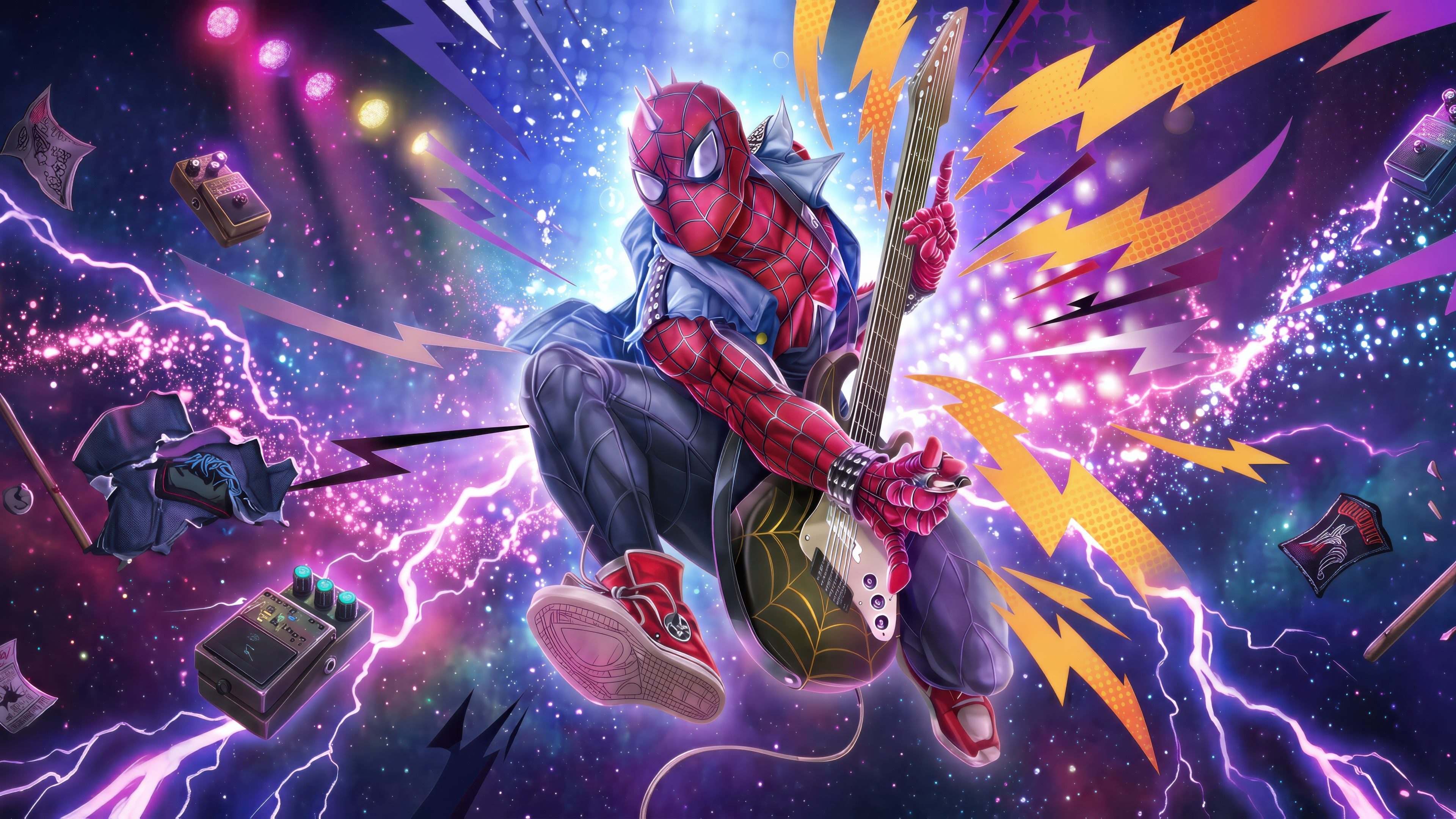 Spider-Punk (Hobie Brown), Spider-Man, Spiked red mask, Cosmic concert backdrop, Vibrant purple lightning, Mid-air guitar pose, 4K Desktop wallpaper
