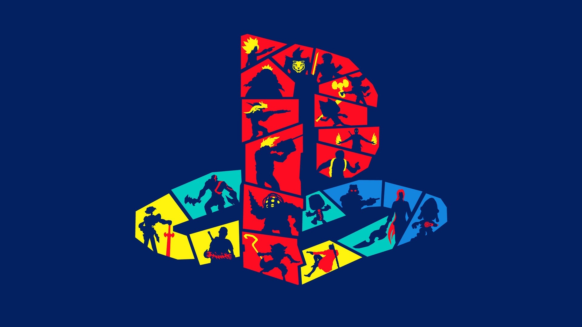 PlayStation logo silhouette, PlayStation All-Stars Battle Royale characters, Kratos silhouette, Sweet Tooth silhouette, Pop art character collage, Full HD Desktop wallpaper
