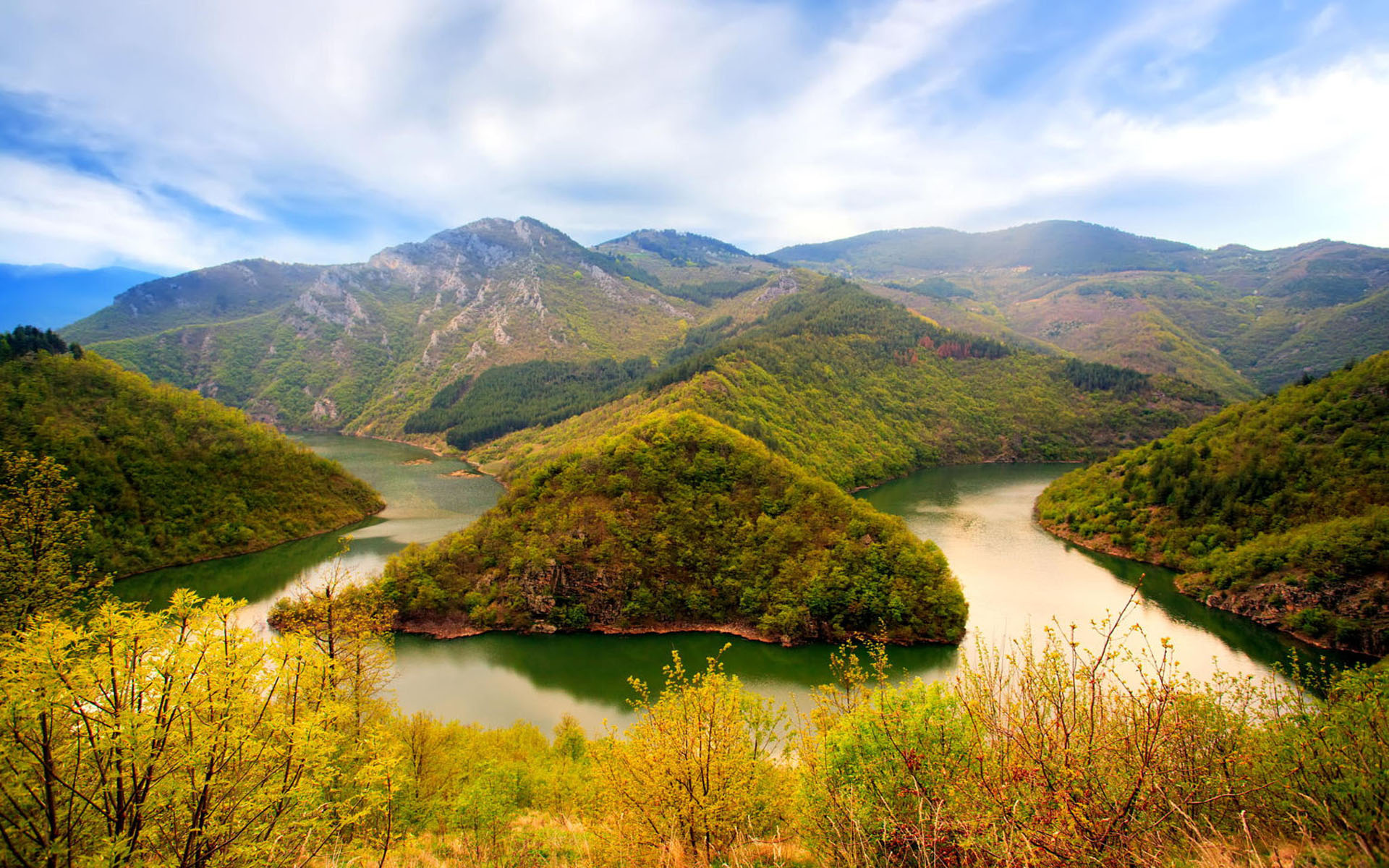 Summer mountain landscape, Green forest, River, Blue sky, 1920x1200 HD Desktop