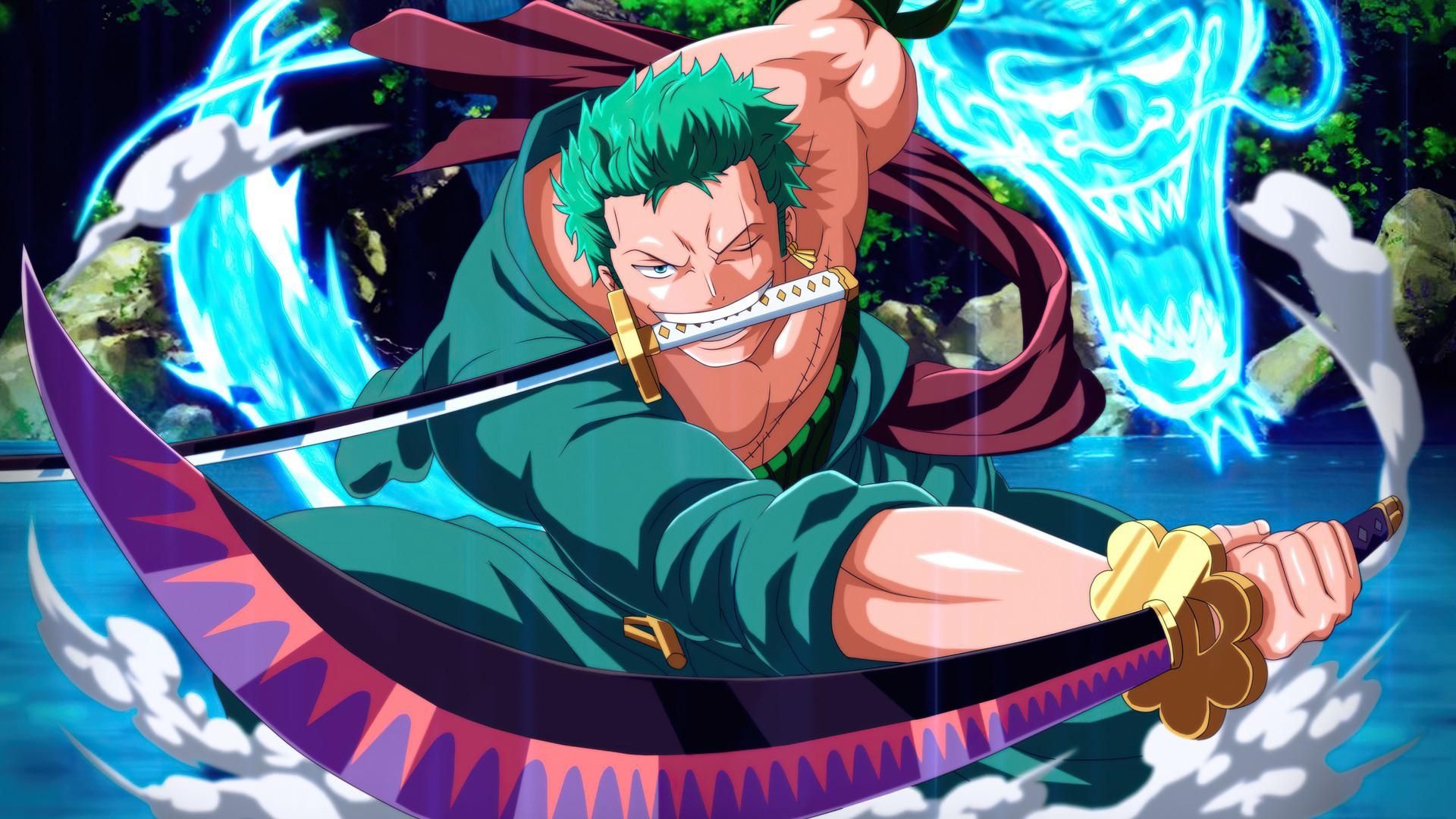 Roronoa Zoro, Shusui sword, Glowing blue skull aura, Full HD Desktop wallpaper