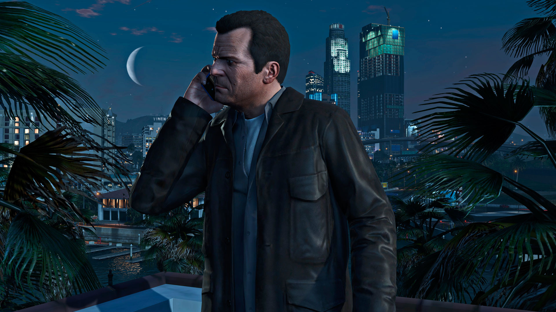 Michael De Santa on cellphone, Los Santos night skyline, Vinewood sign on hillside, Grand Theft Auto V render, Full HD Desktop wallpaper