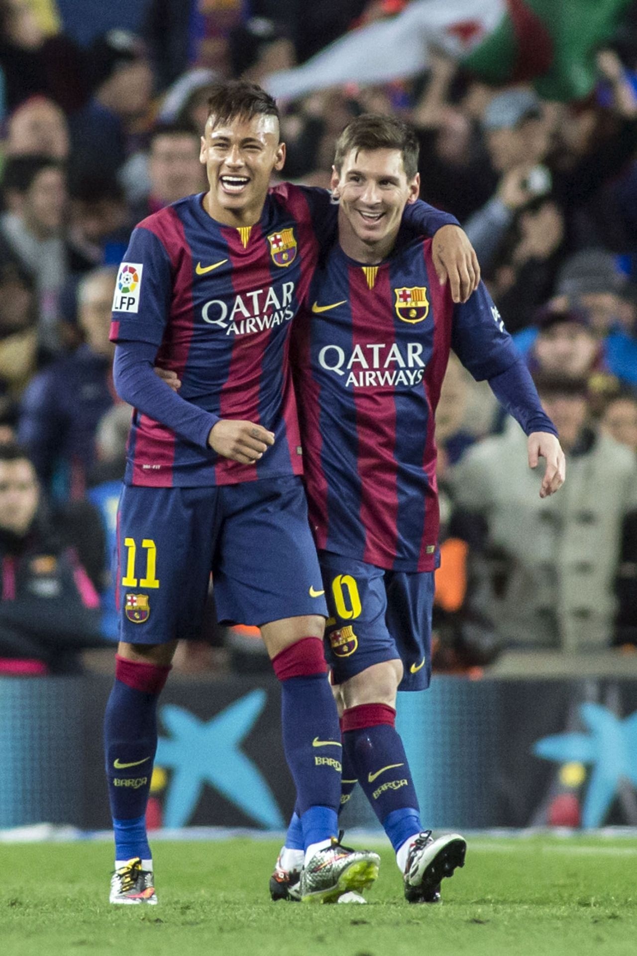 Neymar Jr., Lionel Messi, FC Barcelona kit, HD Phone wallpaper