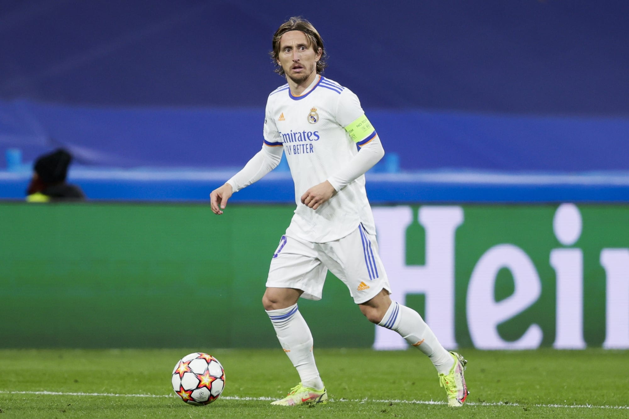 Luka Modric, Real Madrid kit, UEFA Champions League ball, HD Desktop wallpaper