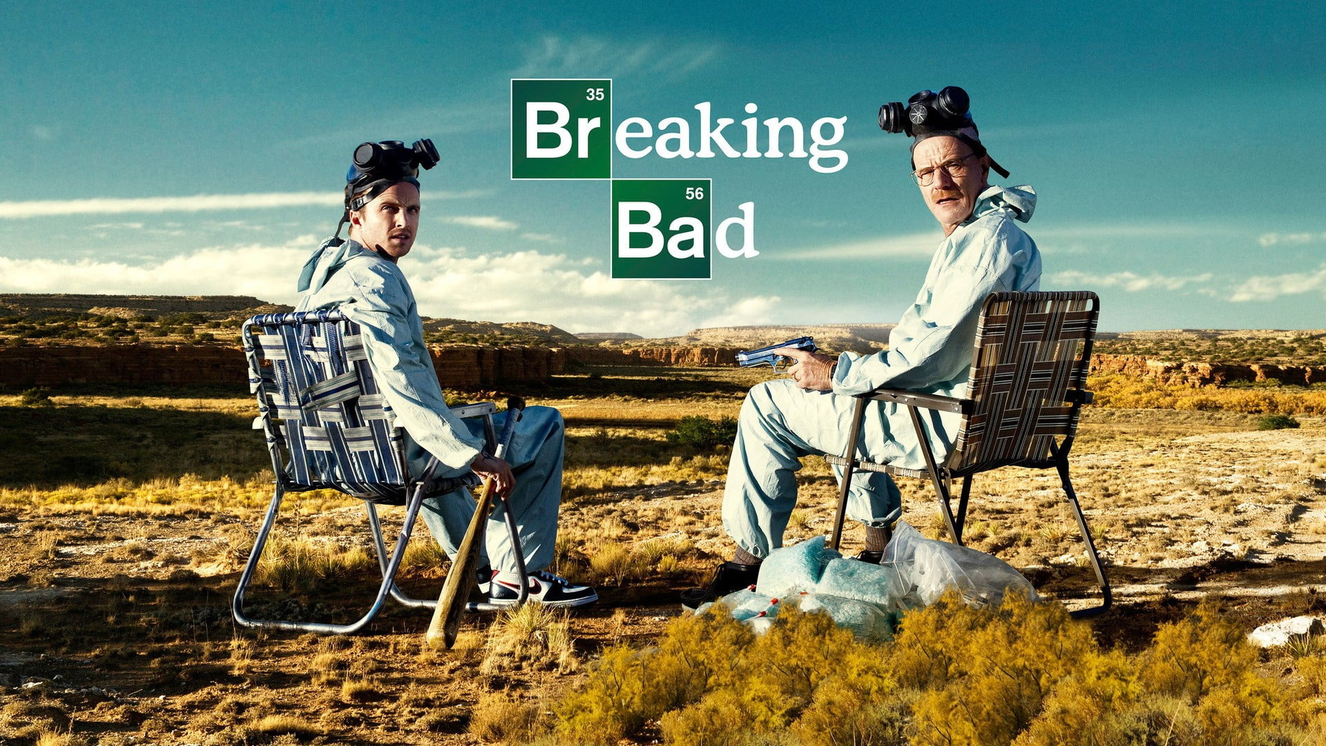 Jesse Pinkman, Walter White, Breaking Bad logo, hazmat suit, Full HD Desktop wallpaper