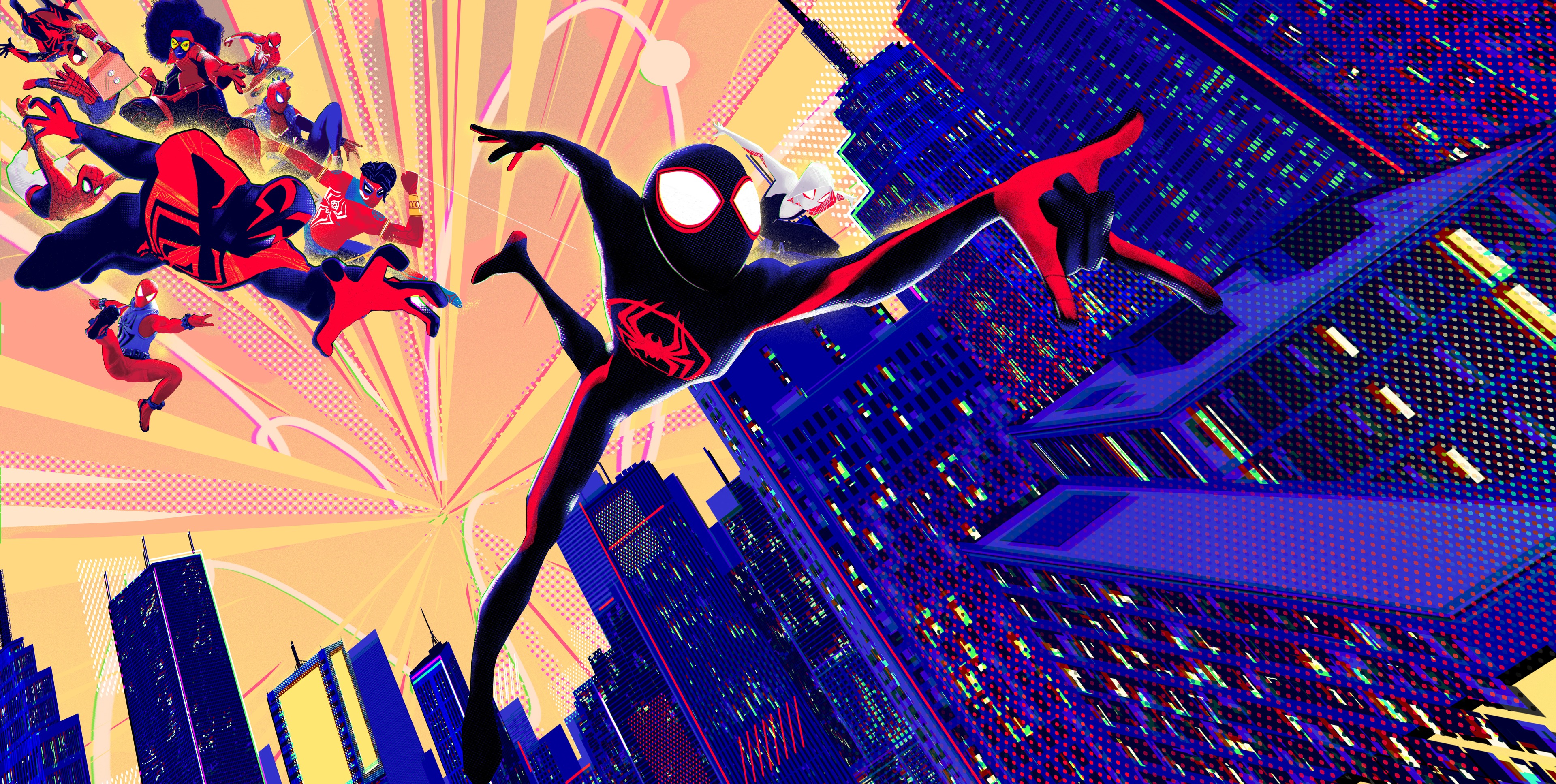 Across the Spider-Verse, Spider-Man 2099 (Miguel O'Hara), Miles Morales, Spider-Gwen (Gwen Stacy), Tilted blue skyscrapers, Yellow comic starburst, Stylized night cityscape, HD Desktop wallpaper