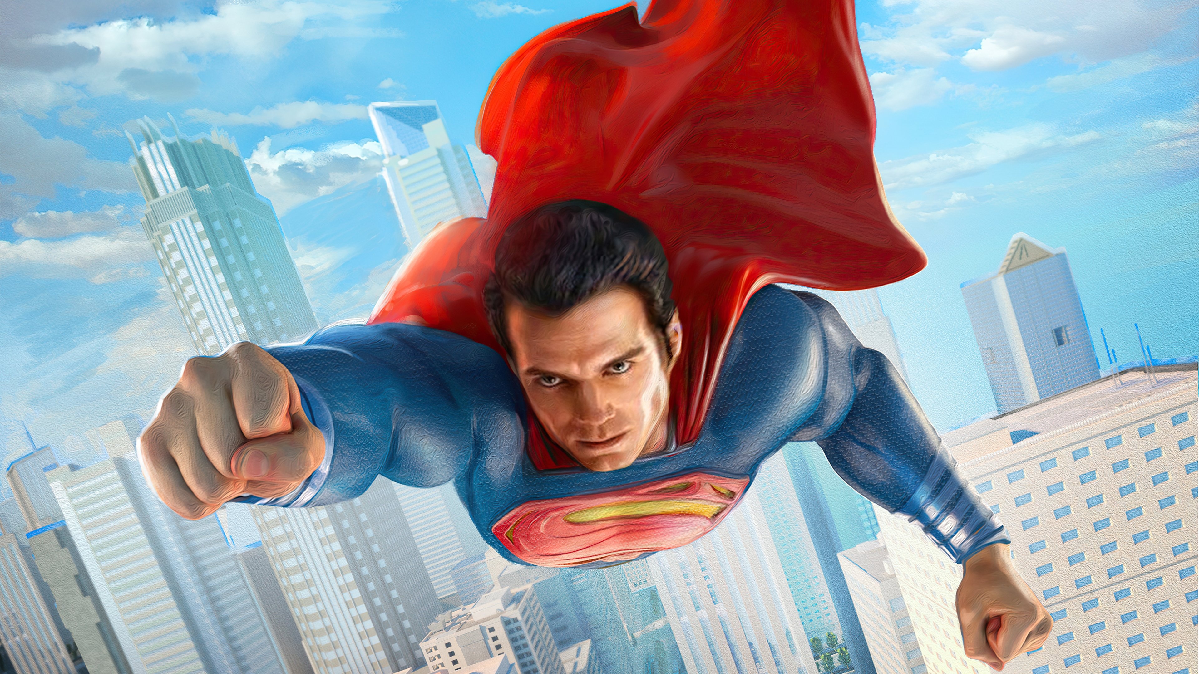 Henry Cavill as Superman, Metropolis skyline, Flowing red cape, 4K Desktop wallpaper