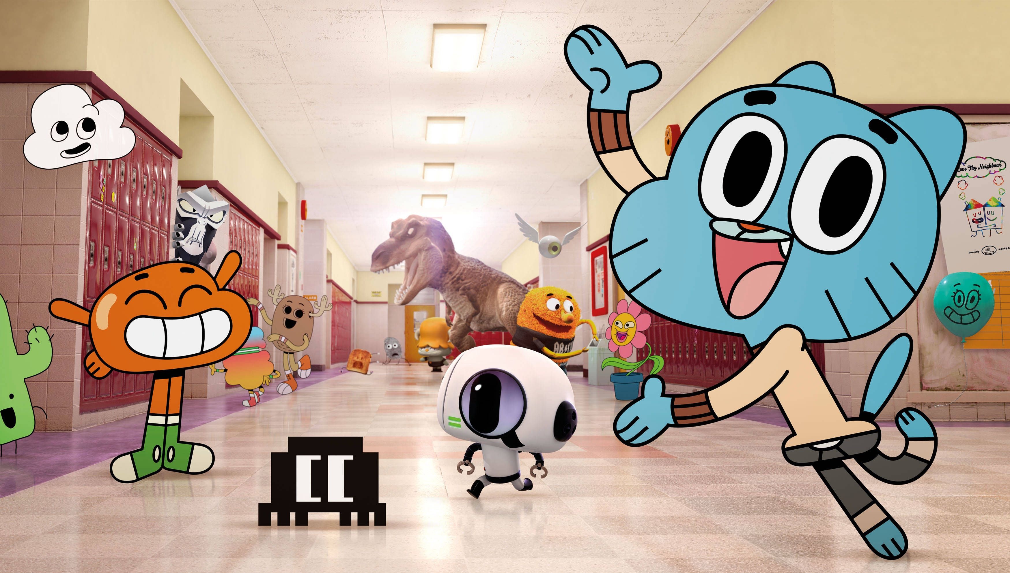Gumball Watterson, Darwin Watterson, Bobert, Tina Rex, Elmore Junior High hallway, HD Desktop wallpaper