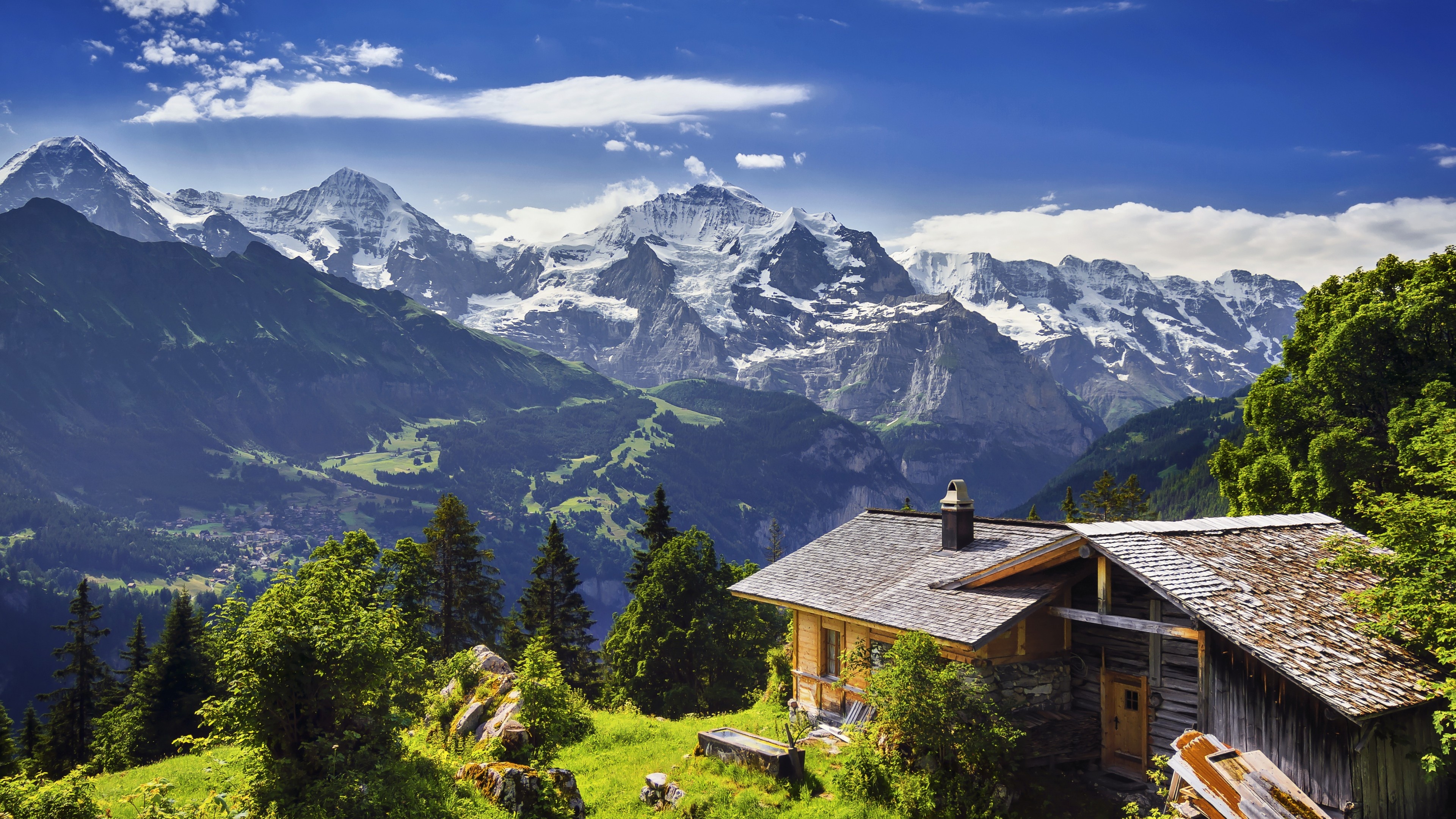 Bernese Alps, Traditional wooden Alpine chalet, Lush green mountain meadow, 4K Desktop wallpaper