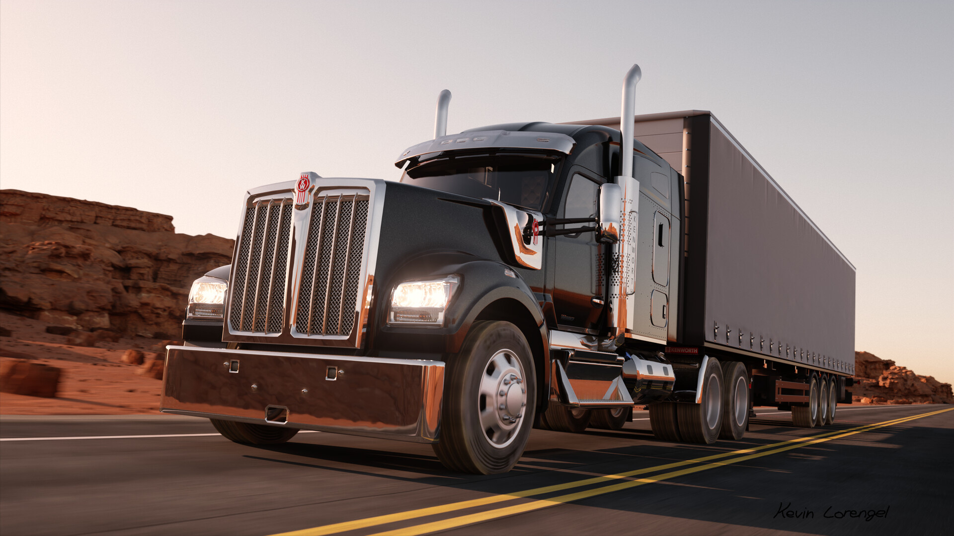 Black Kenworth W990, Artstation artwork, Sleek design, Digital rendering, 1920x1080 Full HD Desktop