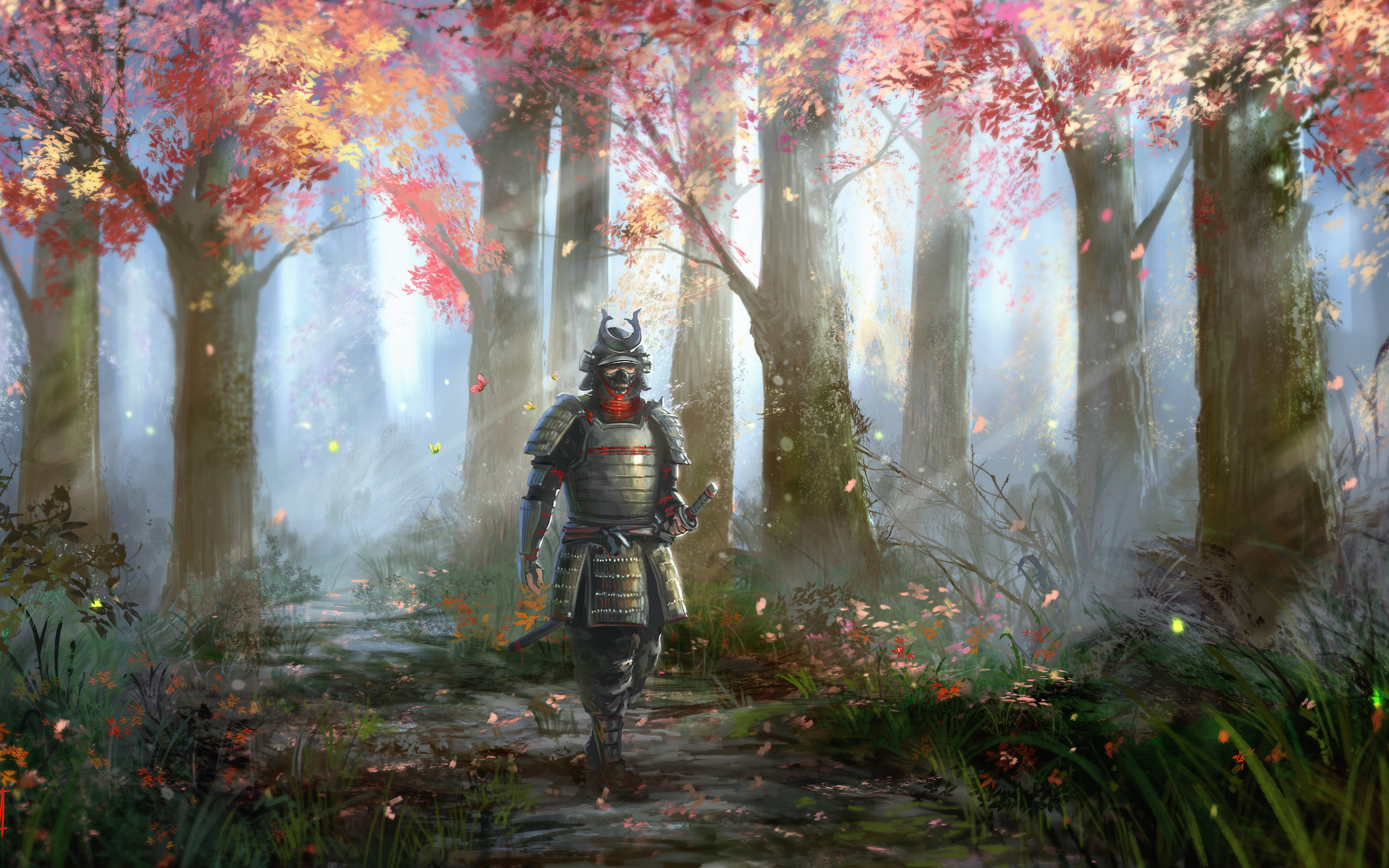 armored samurai warrior, misty autumn forest, sunlight through foliage, HD Desktop wallpaper