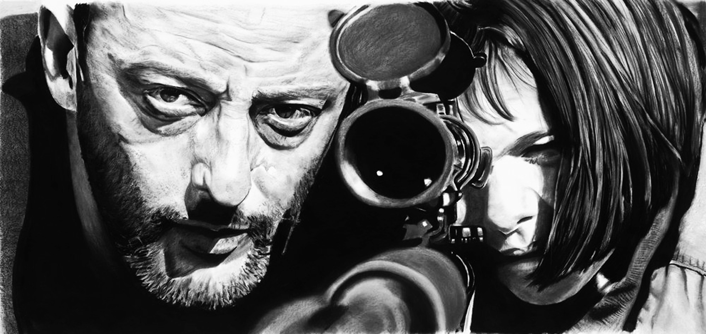 Leon wallpaper, Figure art, Black and white, Intense sniper scenes, 2290x1080 Dual Screen Desktop