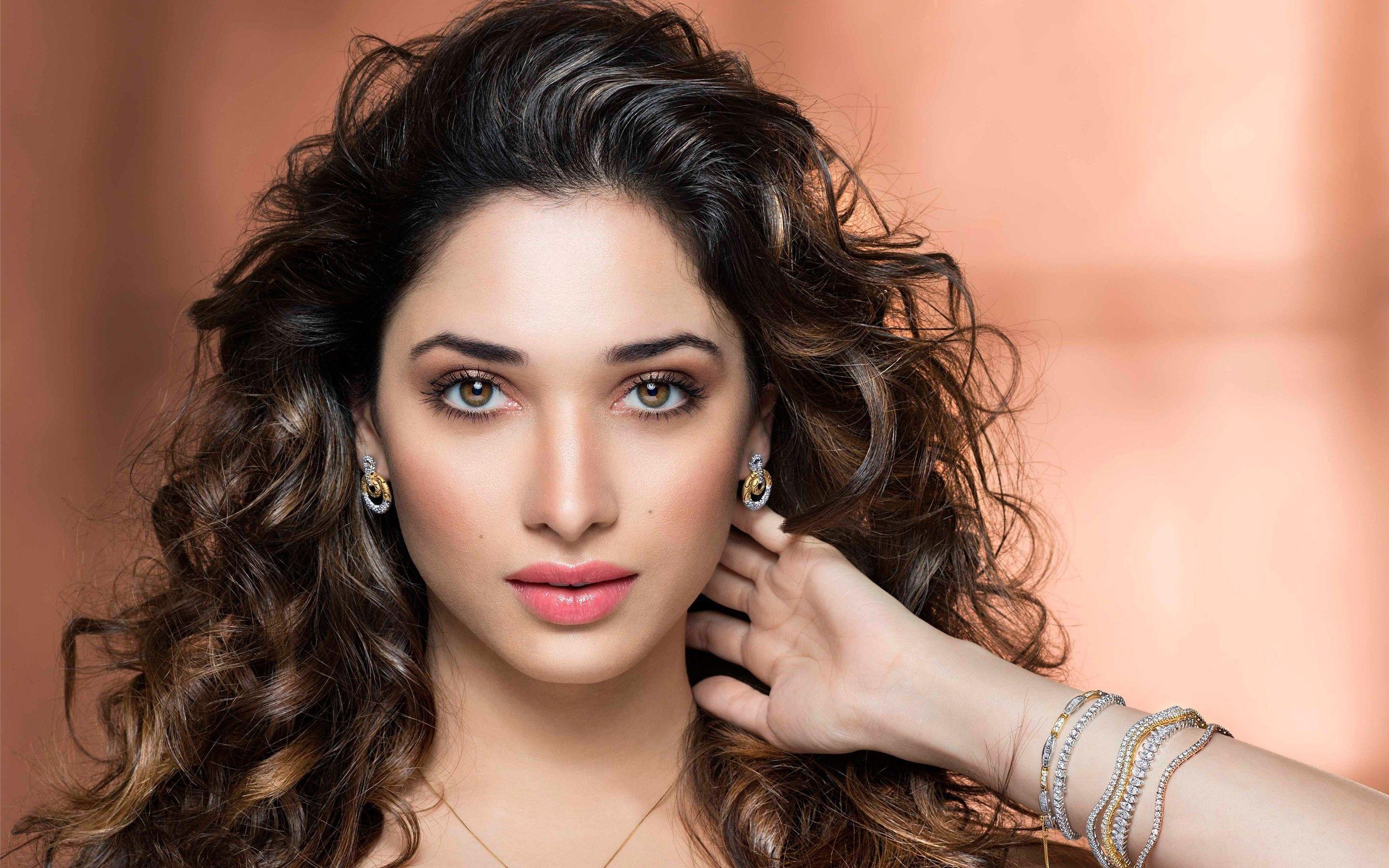 Tamannaah Bhatia, Voluminous wavy brunette hair, Diamond bracelets and earrings, HD Desktop wallpaper