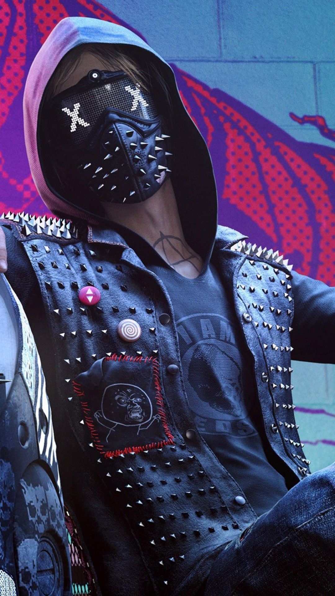 Wrench, spiked LED mask, studded punk vest, Full HD Phone wallpaper