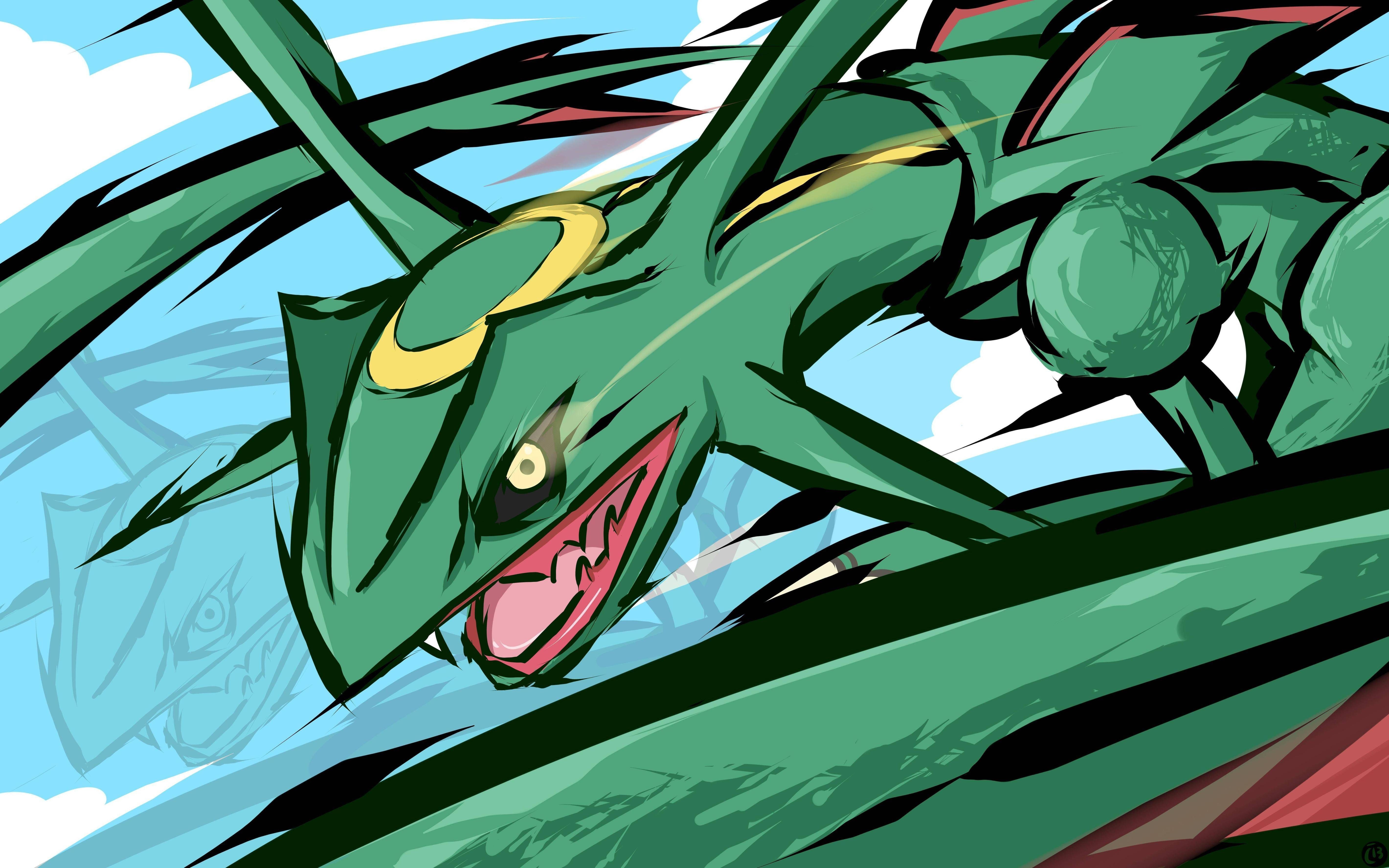 Rayquaza, Hoenn, Pokemon Emerald, Open jaws, Speed lines, 4K Desktop wallpaper