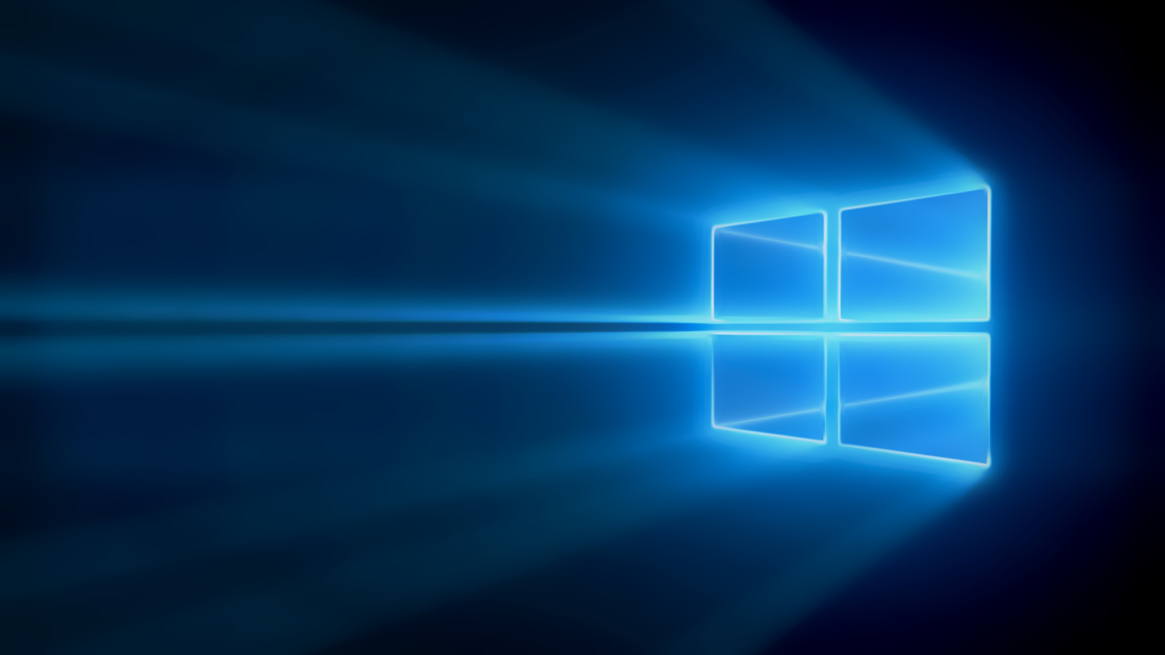 Windows 10 Hero logo, glowing window panes, blue volumetric light rays, 4K Desktop wallpaper