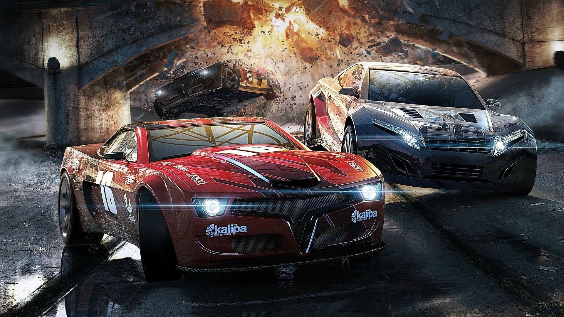 Ridge Racer Unbounded, kalipa racing decal, modified muscle race cars, urban bridge explosion crash, Full HD Desktop wallpaper