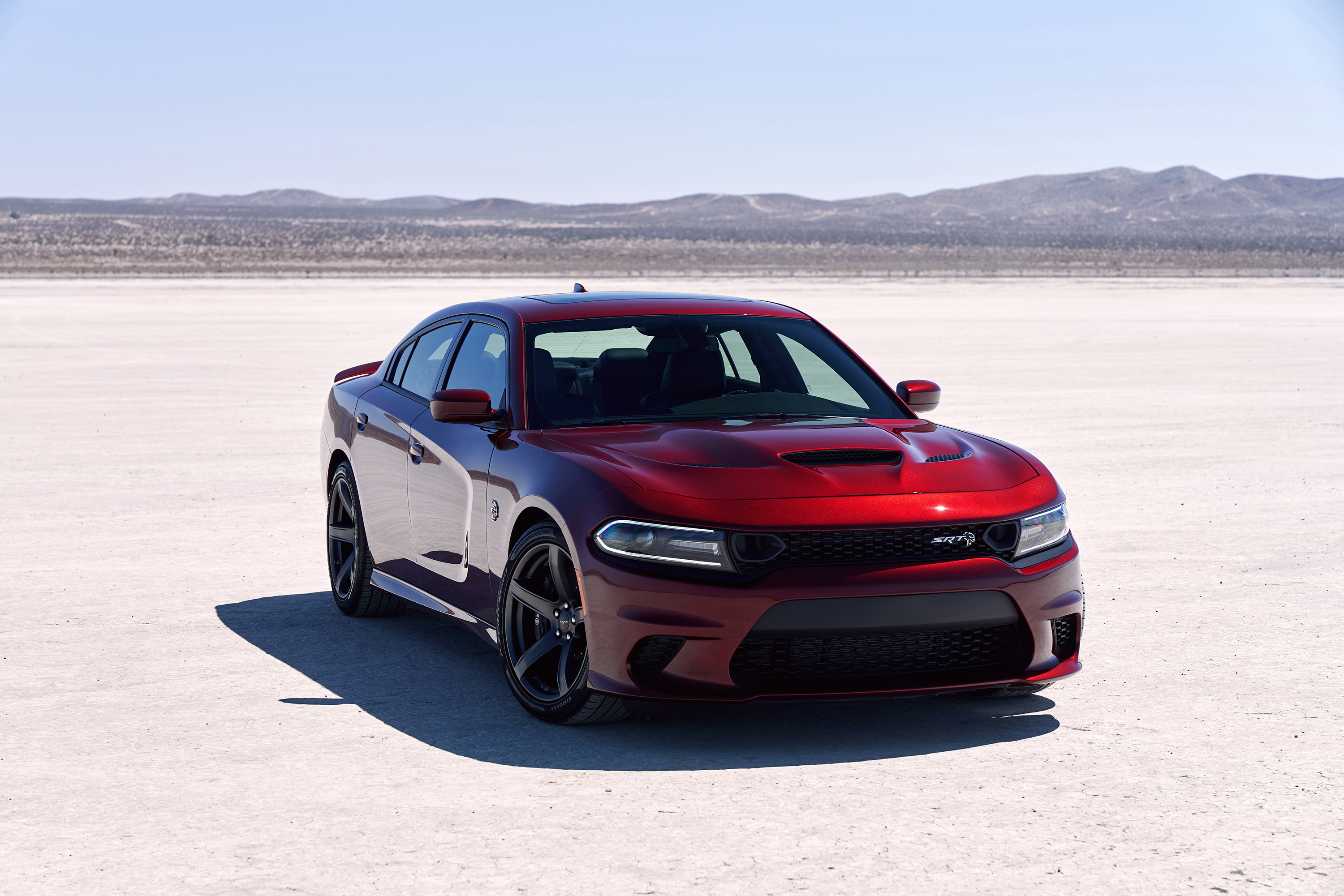Dodge Charger SRT Hellcat, desert salt flats, Octane Red metallic paint, HD Desktop wallpaper