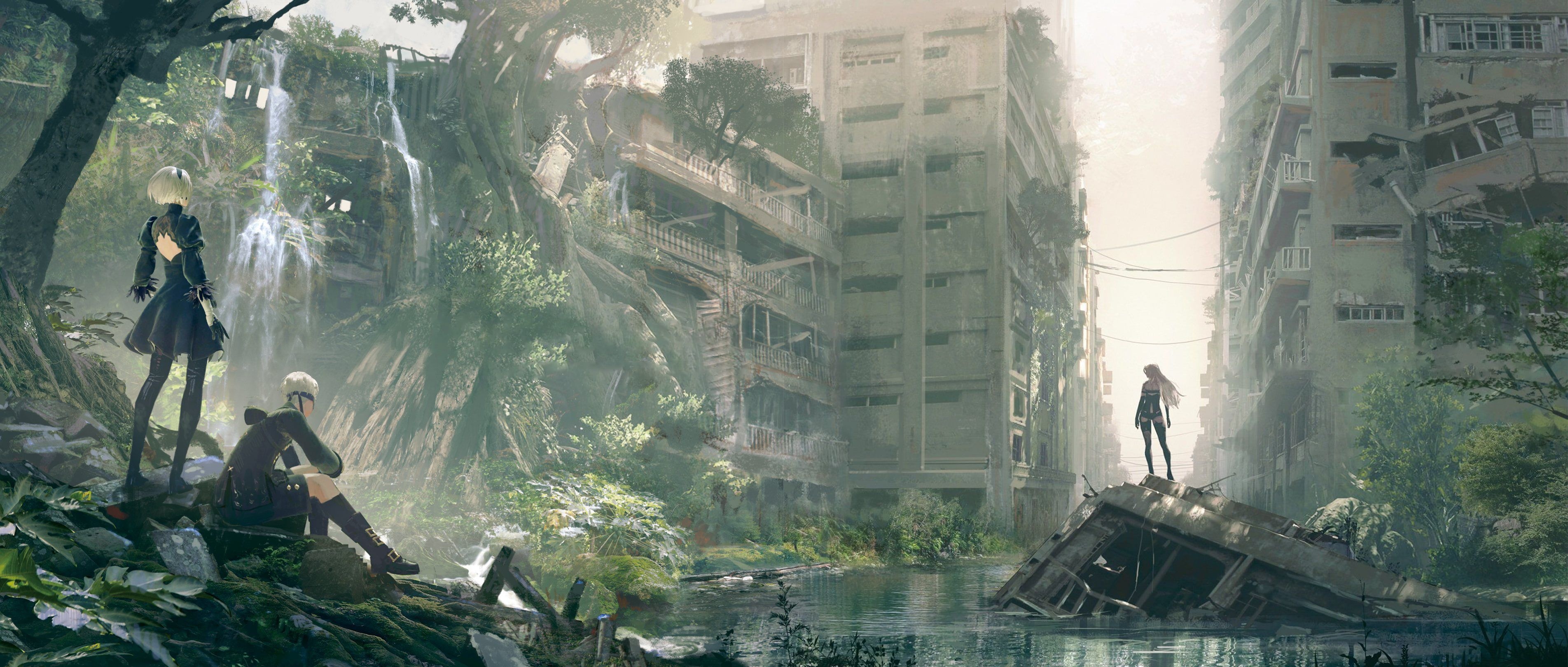 2B, 9S, A2, NieR:Automata City Ruins, Dual Screen Desktop wallpaper