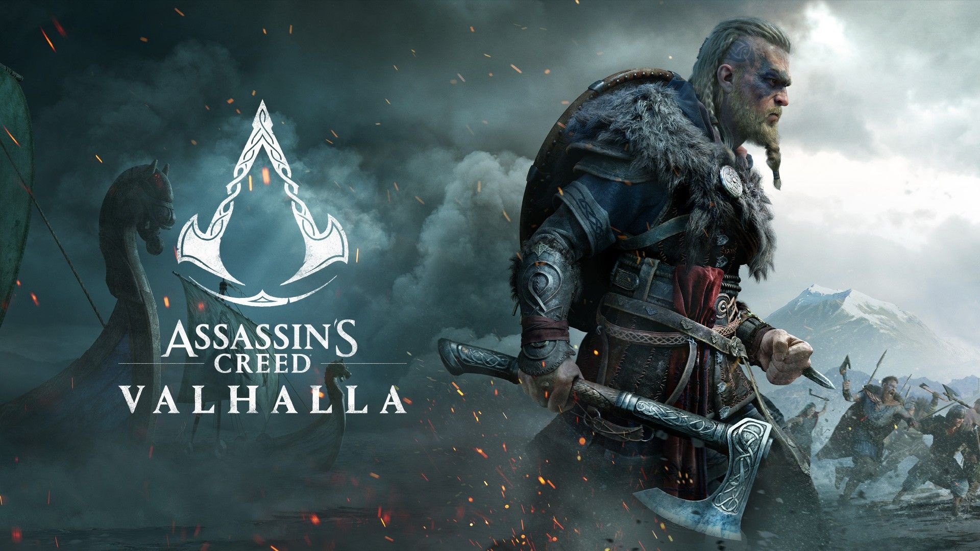 Male Eivor, Assassin's Creed Valhalla logo, Viking longship, Full HD Desktop wallpaper