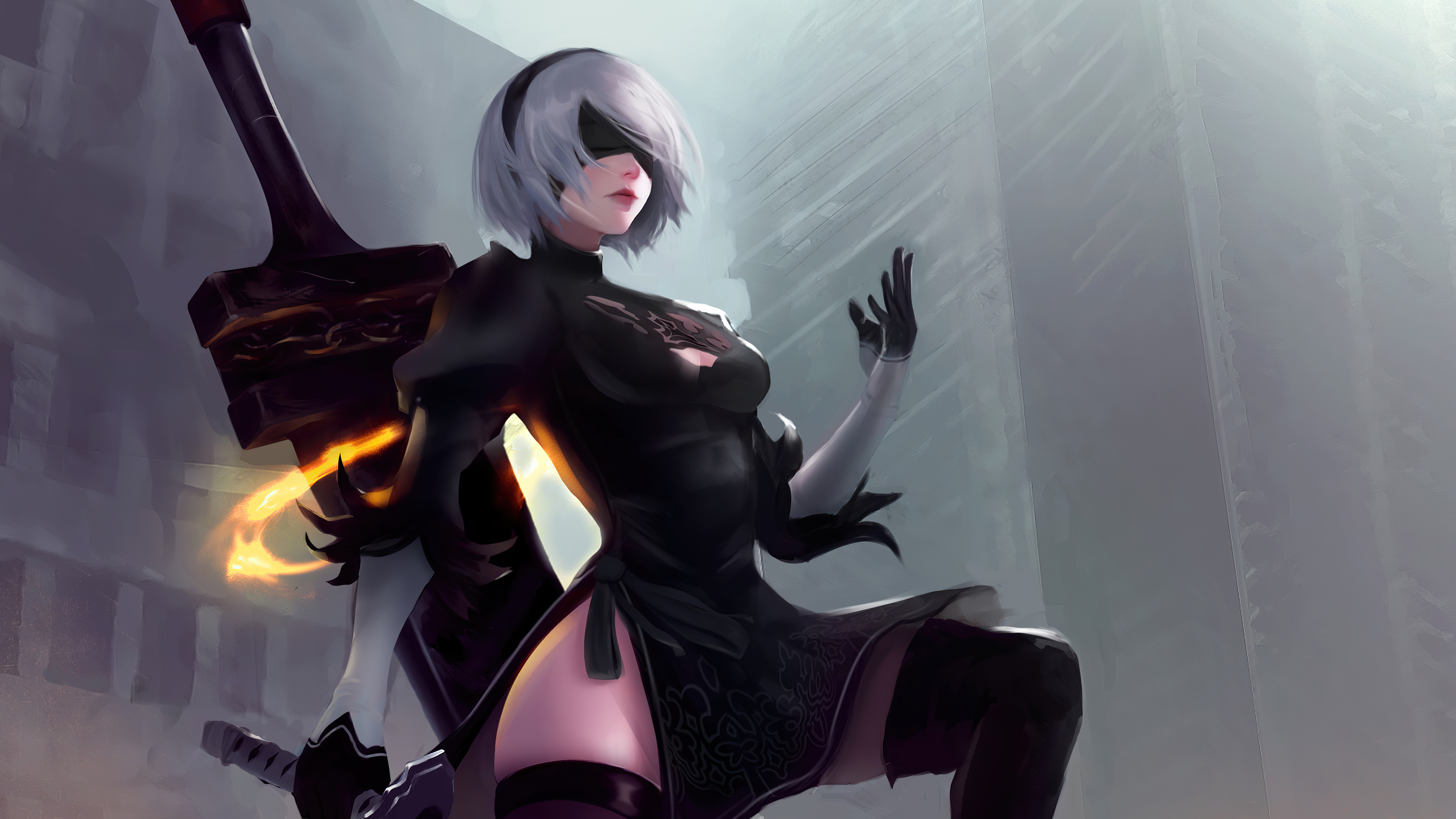 2B, NieR: Automata, Ruined city buildings, 4K Desktop wallpaper