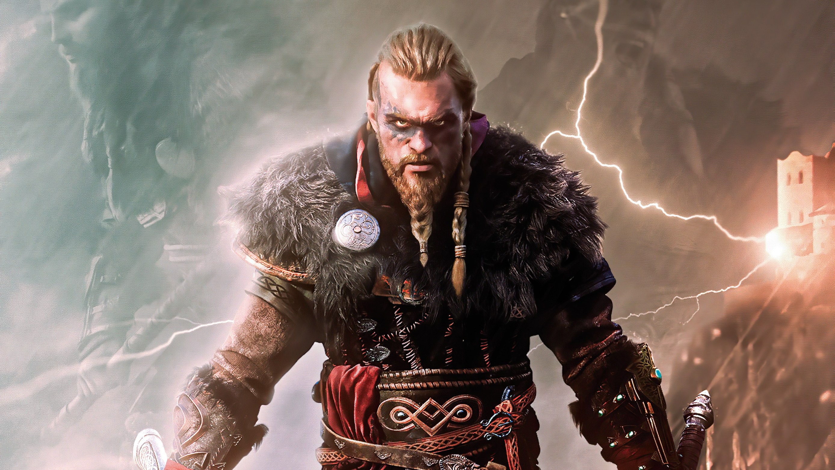 Male Eivor, Assassin's Creed Valhalla, Fur-trimmed Viking armor, HD Desktop wallpaper