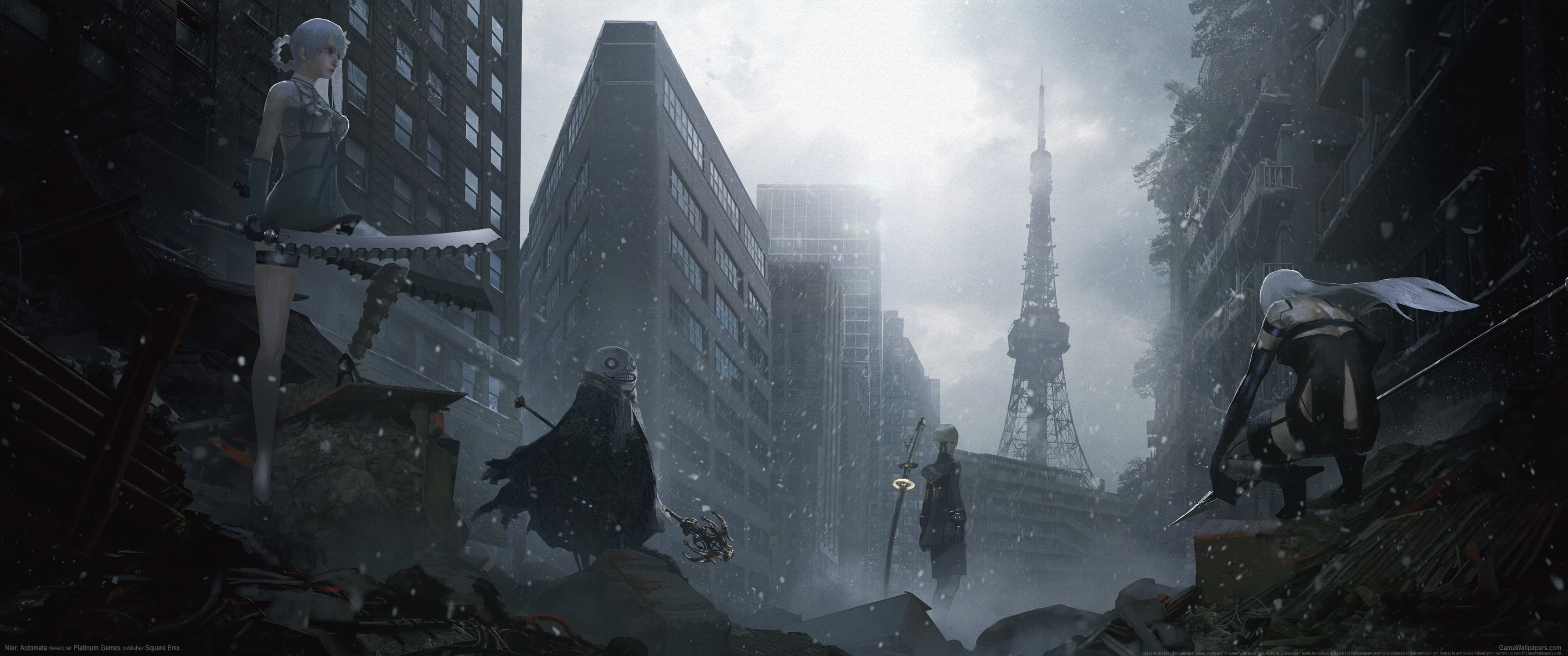 Kainé, Emil, A2, Tokyo Tower, Ruined Tokyo cityscape, Dual Screen Desktop wallpaper