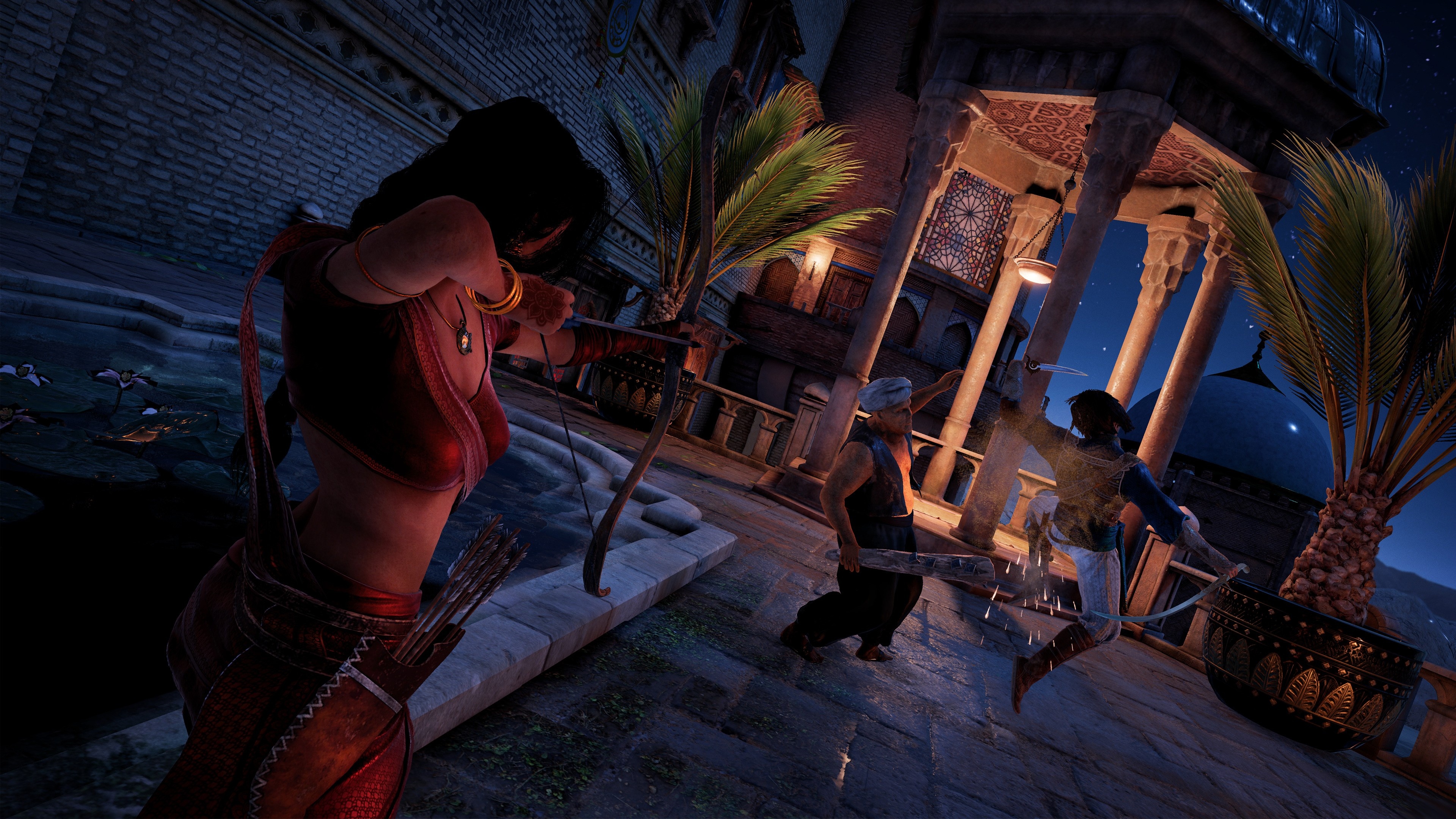 Princess Farah with bow, The Prince sword fighting, Prince of Persia: The Sands of Time Remake, Palace terrace courtyard, 4K Desktop wallpaper