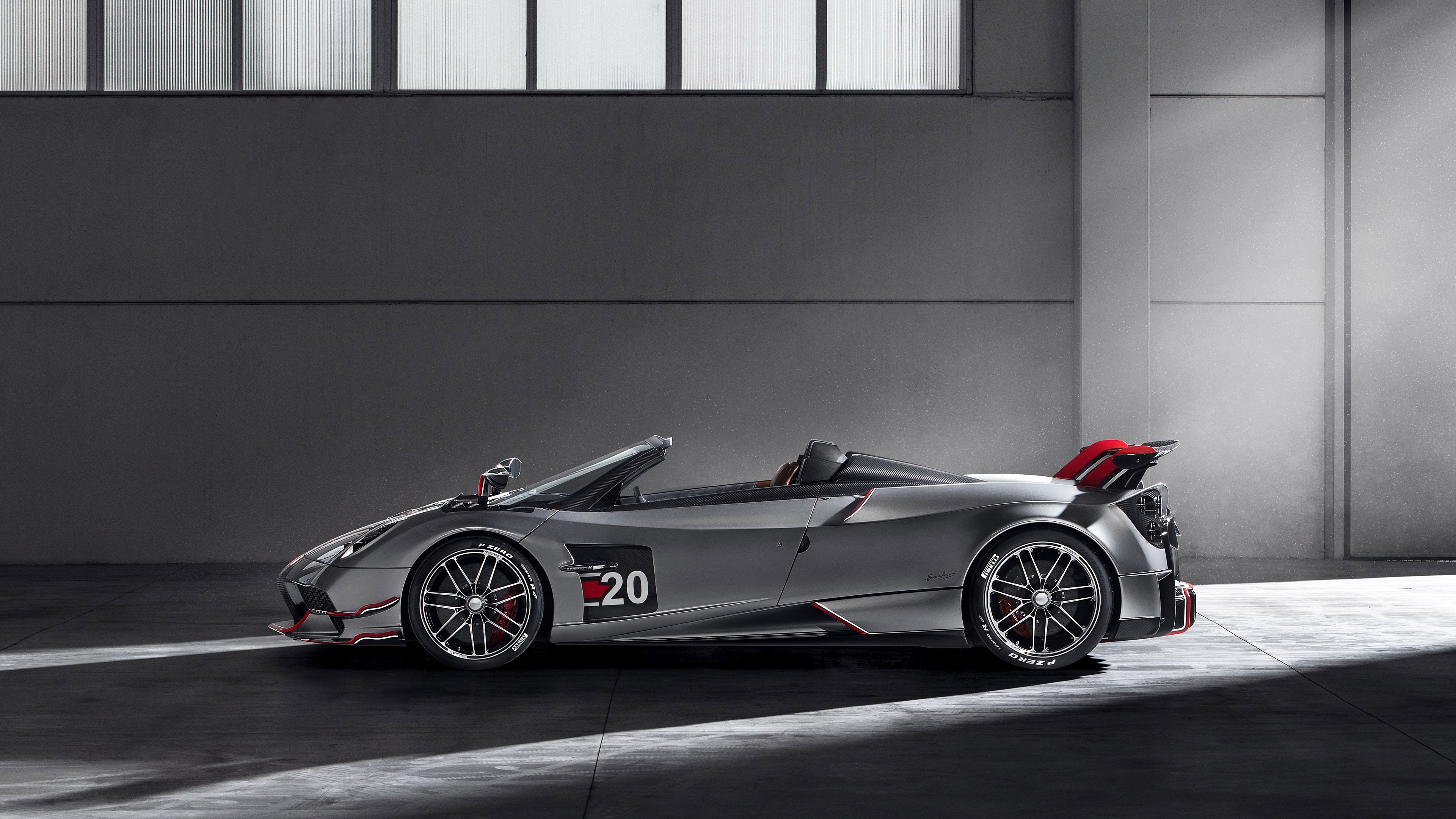 Pagani Huayra Roadster BC, racing number 20, concrete industrial showroom, 4K Desktop wallpaper