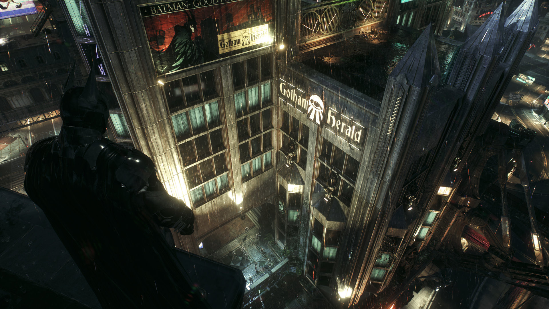 Batman, Gotham Herald building, Gotham City rainy cityscape, Full HD Desktop wallpaper