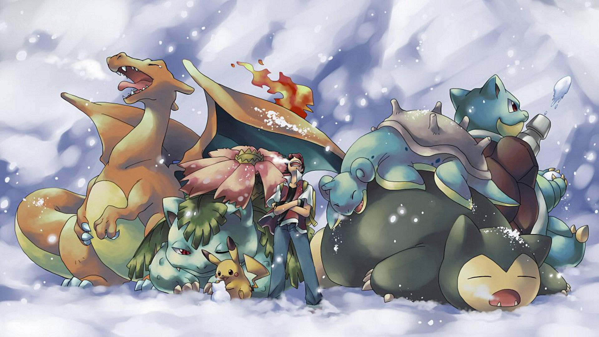 Charizard, Pokemon Trainer Red, Venusaur and Blastoise, Snorlax and Lapras, Mount Silver snowstorm, Full HD Desktop wallpaper