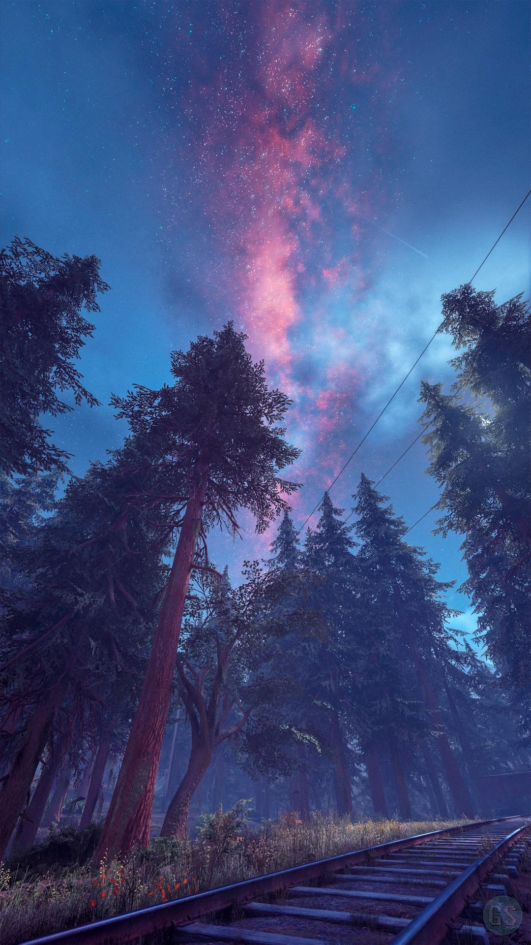 Milky Way galaxy, abandoned railroad tracks, coniferous pine forest, Full HD Phone wallpaper