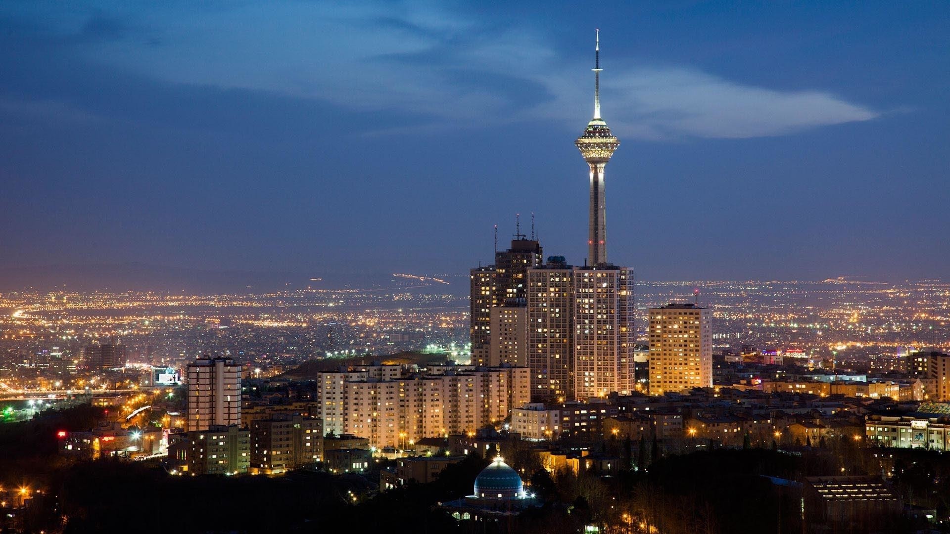 Milad Tower, Tehran International Tower, Tehran nighttime cityscape, Full HD Desktop wallpaper