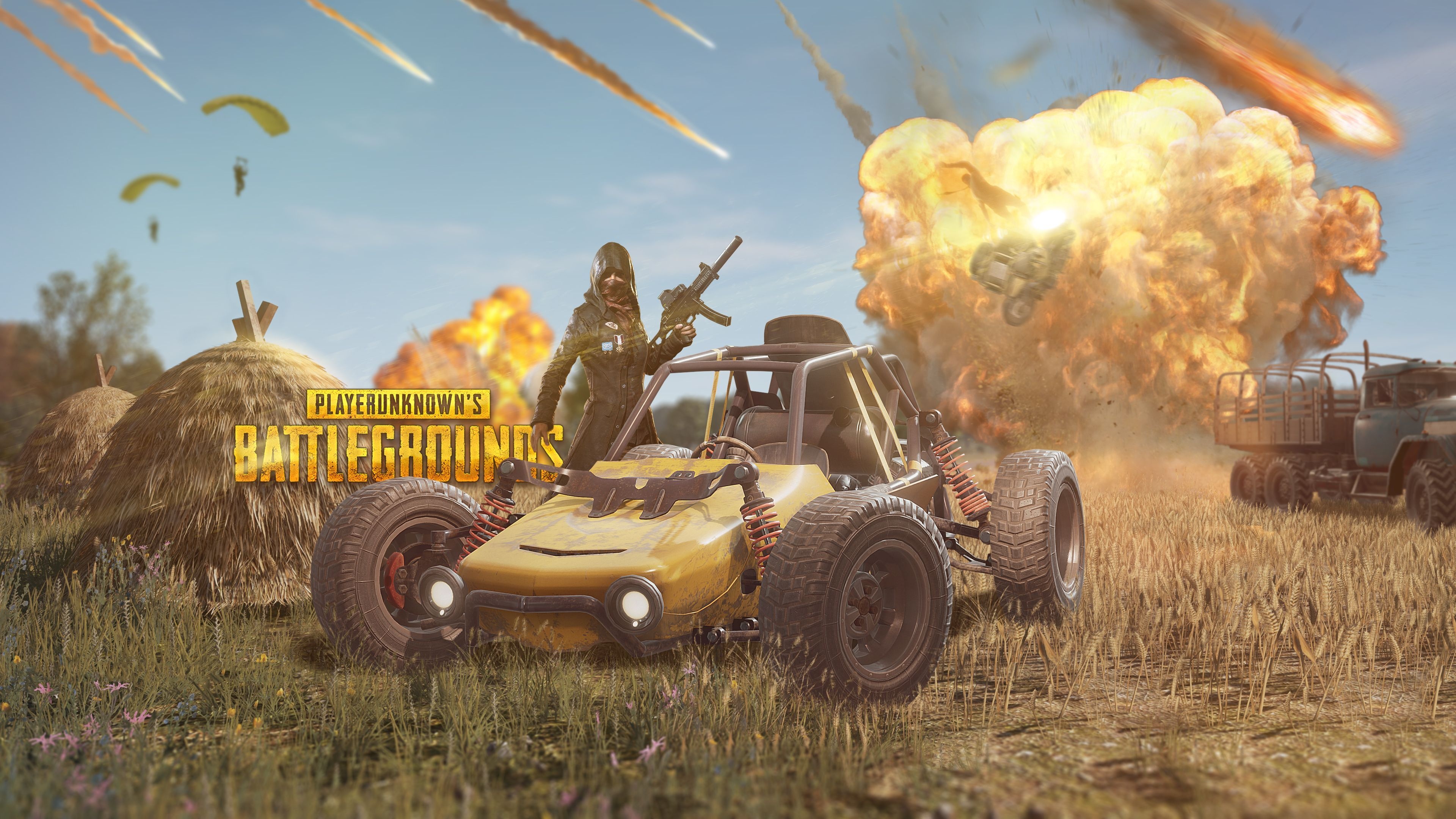 PLAYERUNKNOWN'S BATTLEGROUNDS logo, yellow PUBG off-road buggy, hooded PUBG player, red zone explosion, 4K Desktop wallpaper