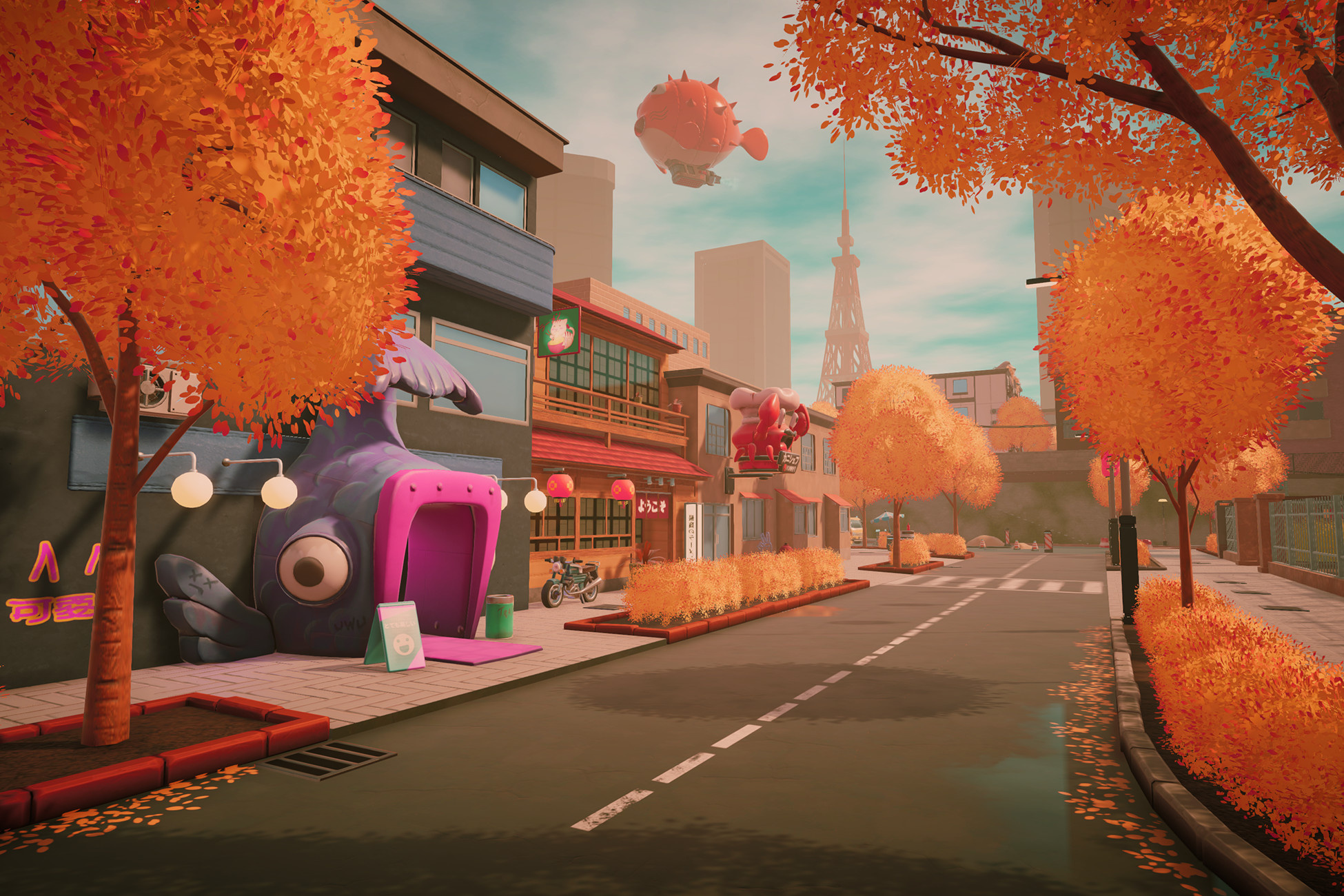 Tokyo Tower, pufferfish airship, autumn anime street, HD Desktop wallpaper