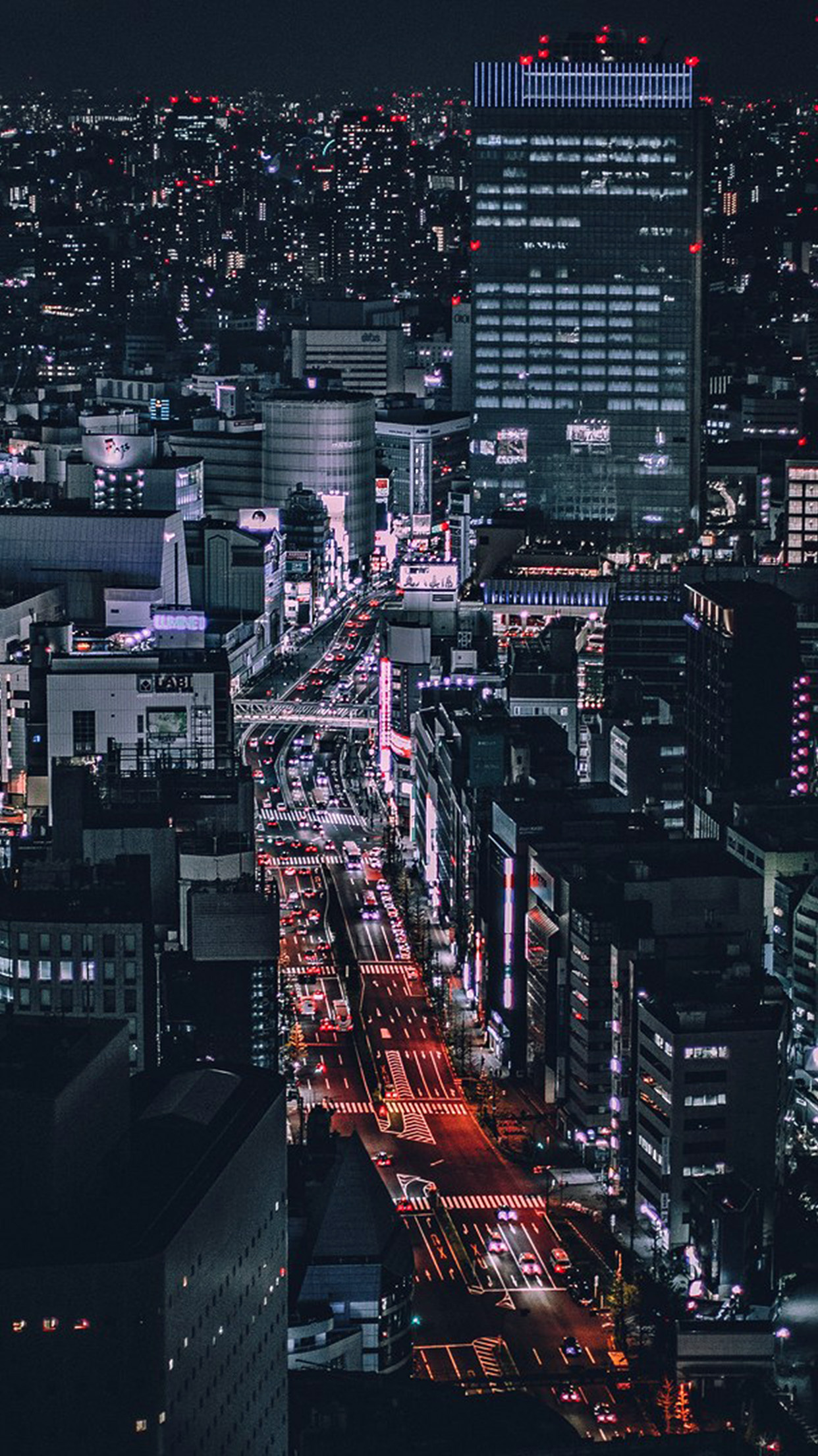 Tokyo night cityscape, illuminated avenue traffic, LABI building signage, HD Phone wallpaper