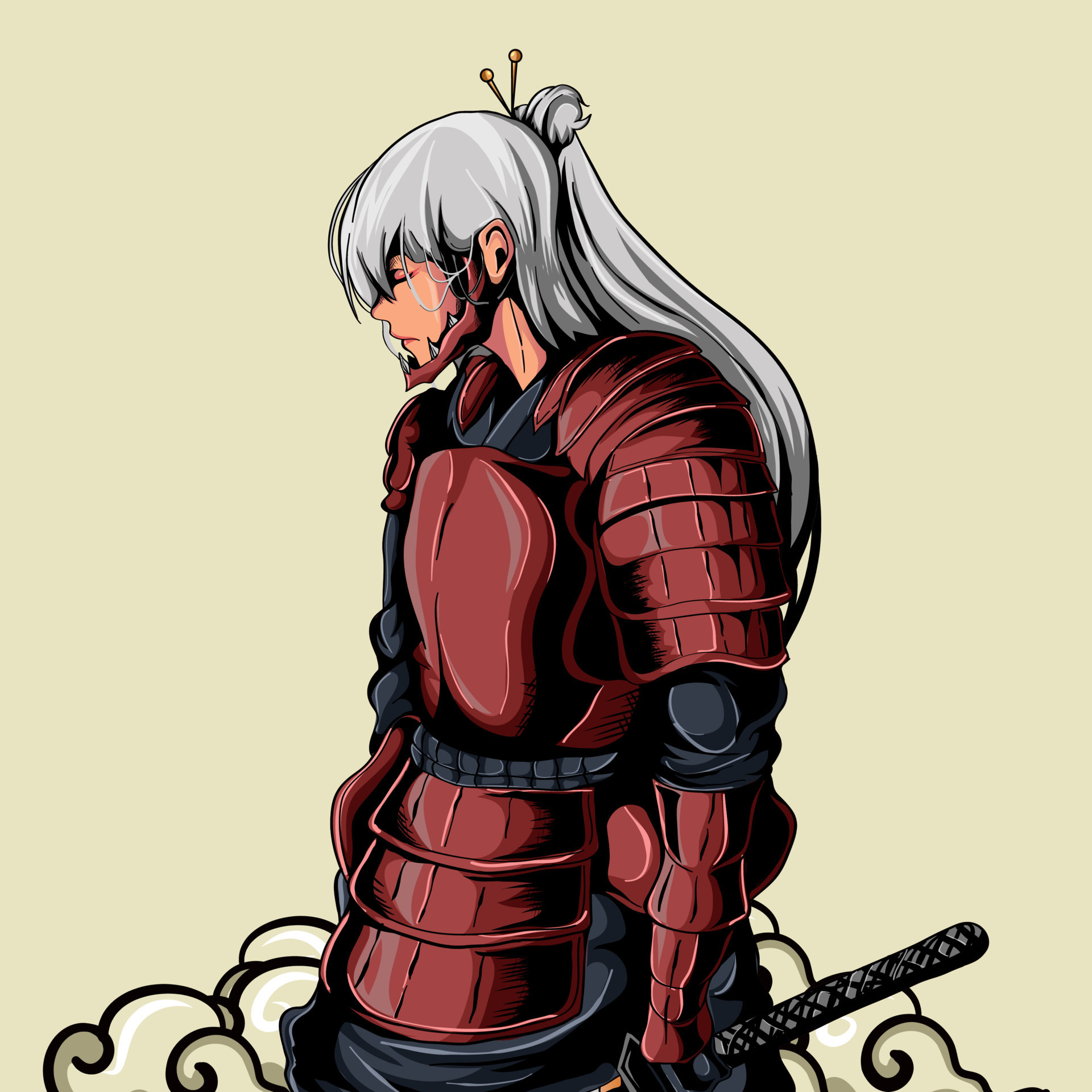 Anime female samurai, Crimson samurai armor, Katana sword hilt, HD Phone wallpaper