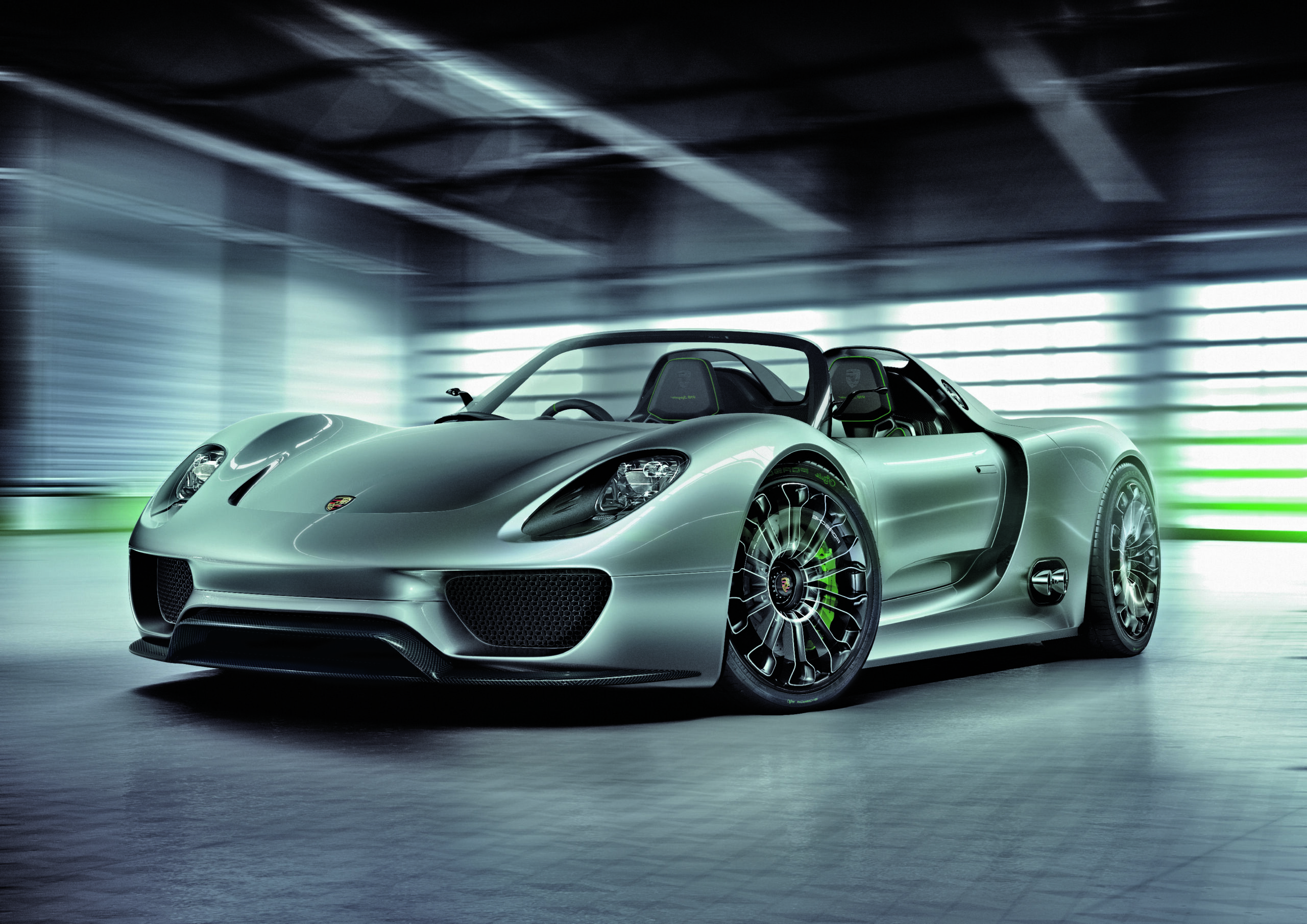 Porsche 918 Spyder Concept, Acid green brake calipers, Motion blurred industrial garage, HD Desktop wallpaper