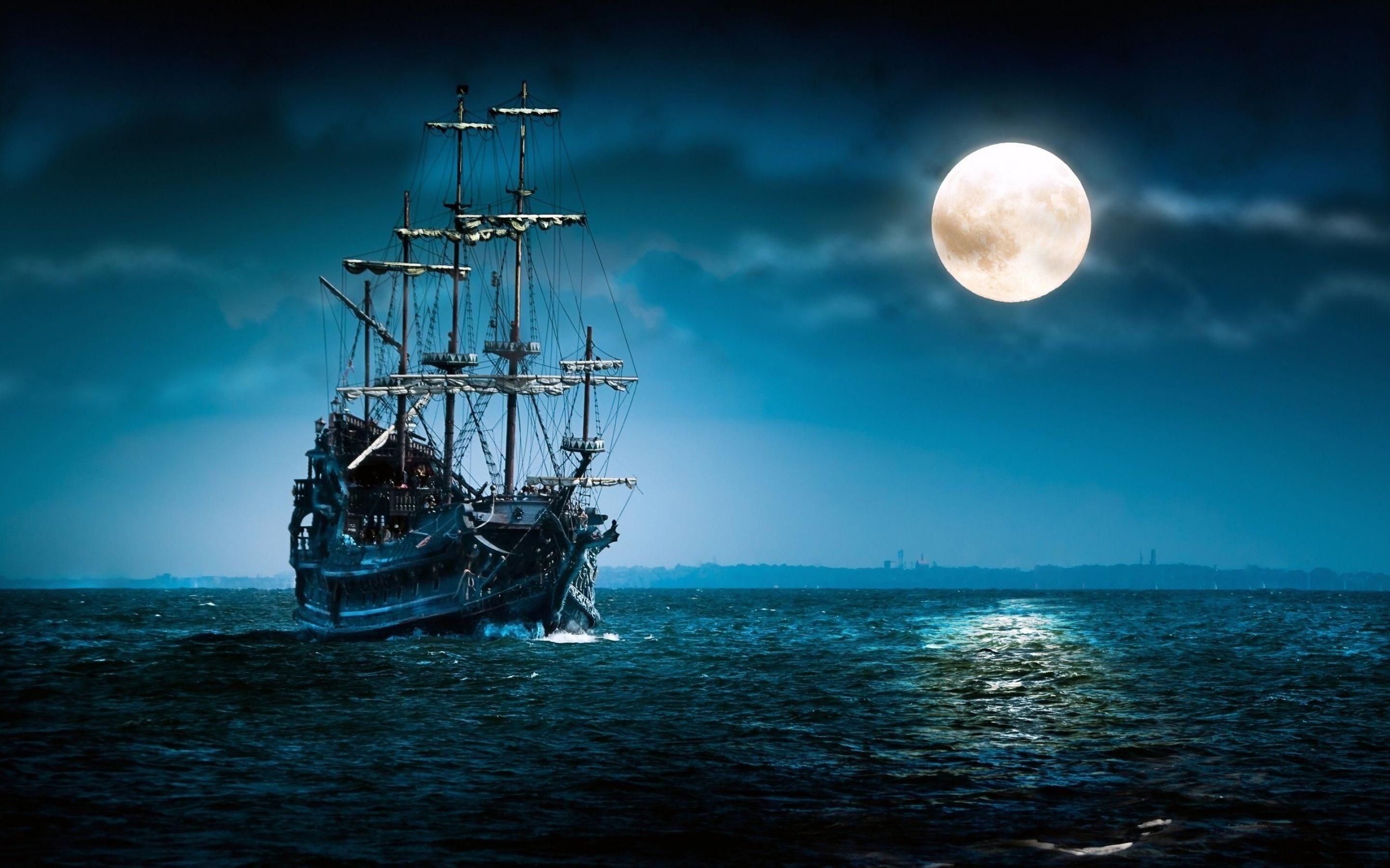 Wooden pirate galleon, Luminous full moon, Moonlit ocean waters, HD Desktop wallpaper